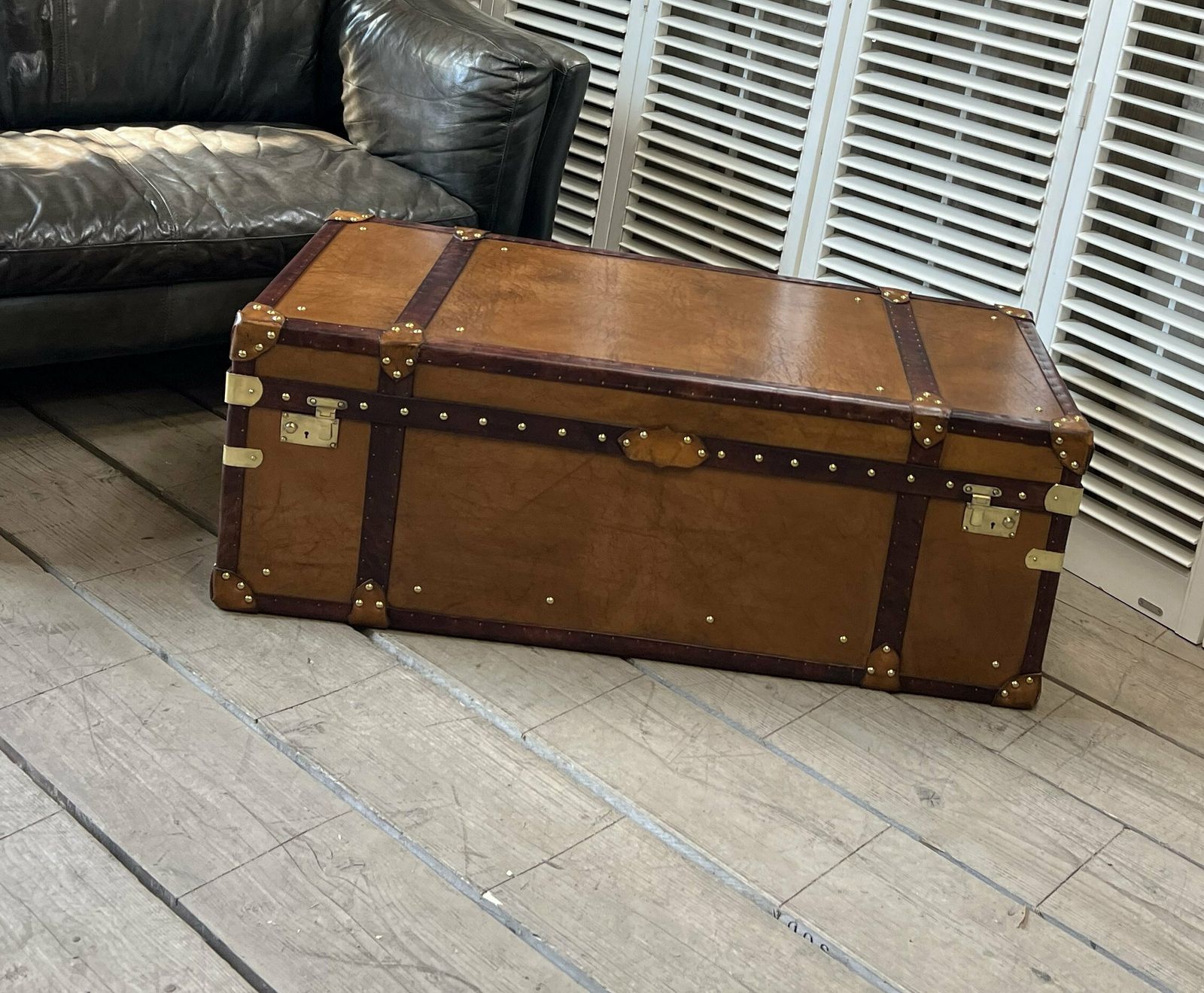 Leather Console Coffee Table Room Decor Luxury Handmade London Tan Campaign Style Travel Trunk Chest Ottoman photo buy