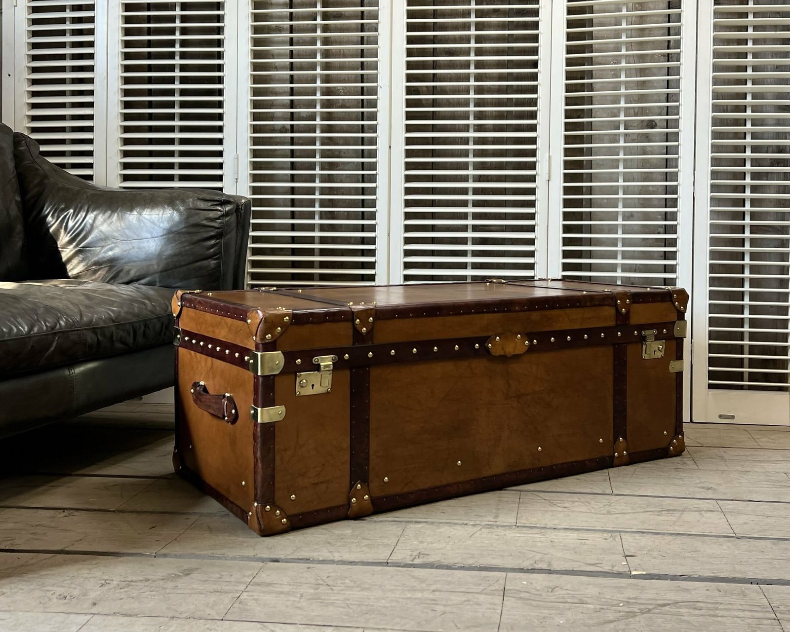 photo for sale Leather Console Coffee Table Room Decor Luxury Handmade London Tan Campaign Style Travel Trunk Chest Ottoman