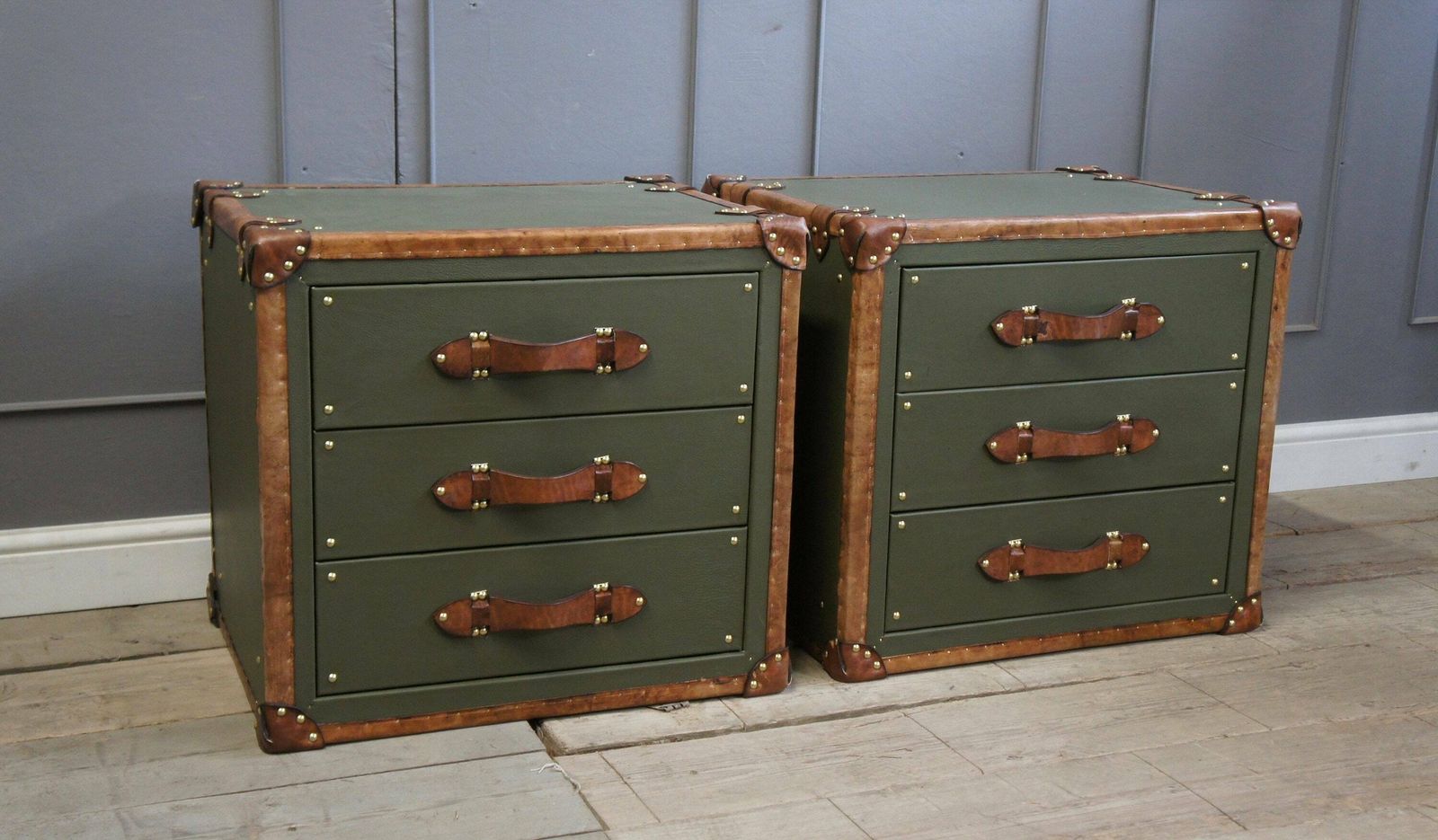 Luxury Leather Olive Green Tan Leather Trimmed Occasional Night Stands Vanities Bedroom Furniture Draws Consoles photo furniture