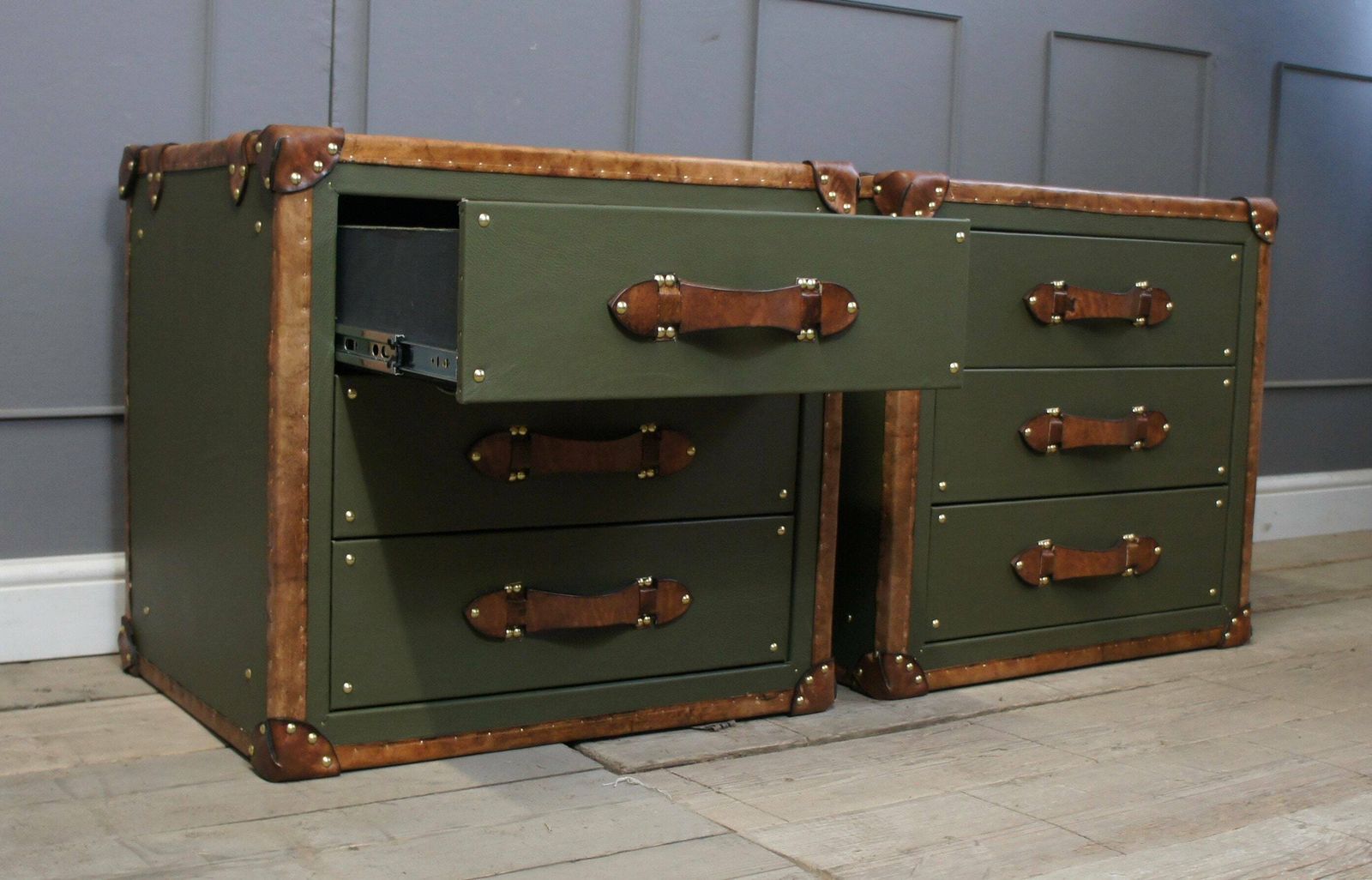 Luxury Leather Olive Green Tan Leather Trimmed Occasional Night Stands Vanities Bedroom Furniture Draws Consoles photo for sale