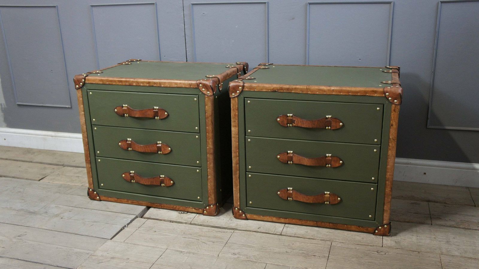 Luxury Leather Olive Green Tan Leather Trimmed Occasional Night Stands Vanities Bedroom Furniture Draws Consoles photo vinterior