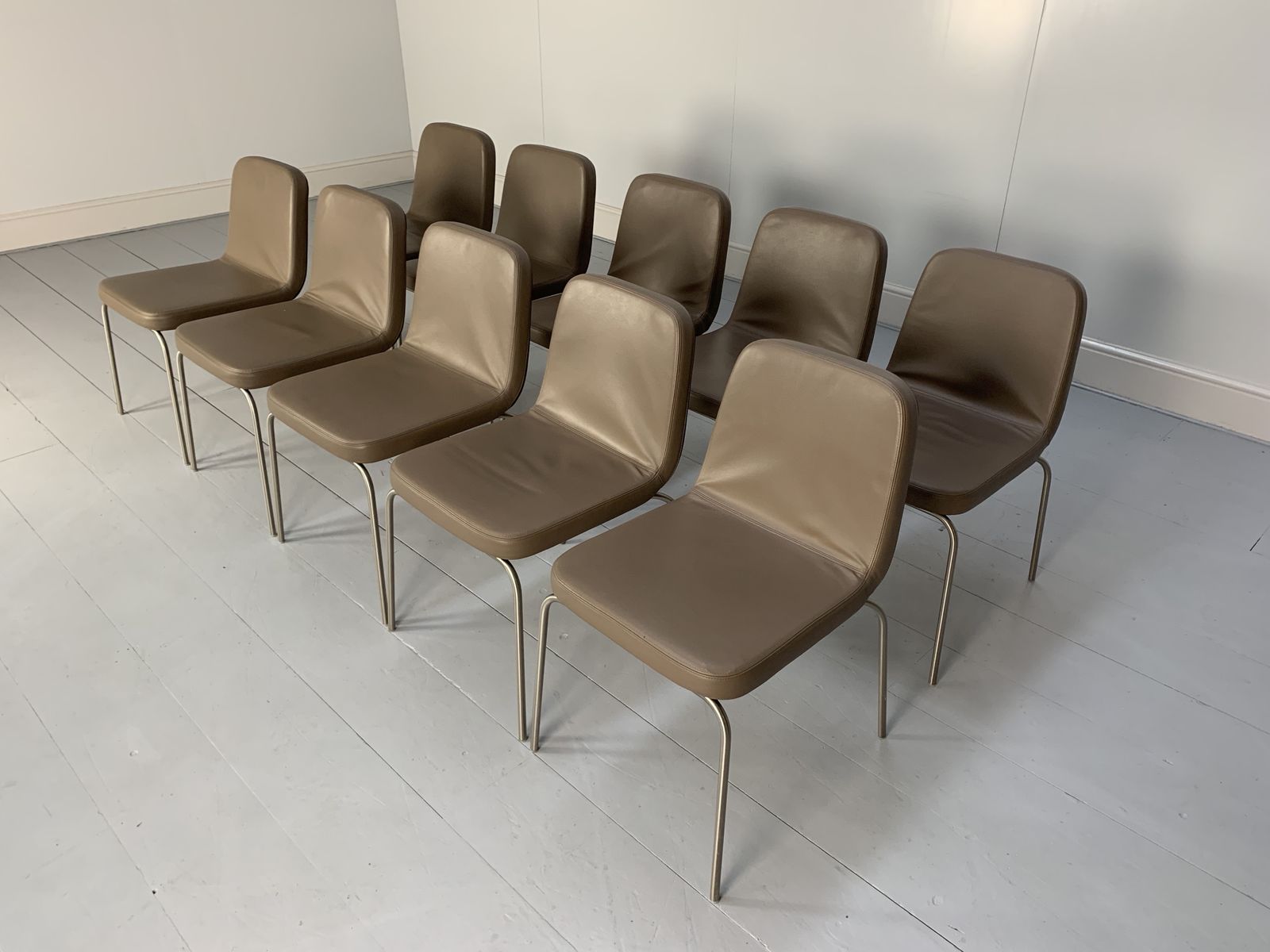 10 Minotti “Arp 1” Dining Chairs – In Taupe Leather photo furniture