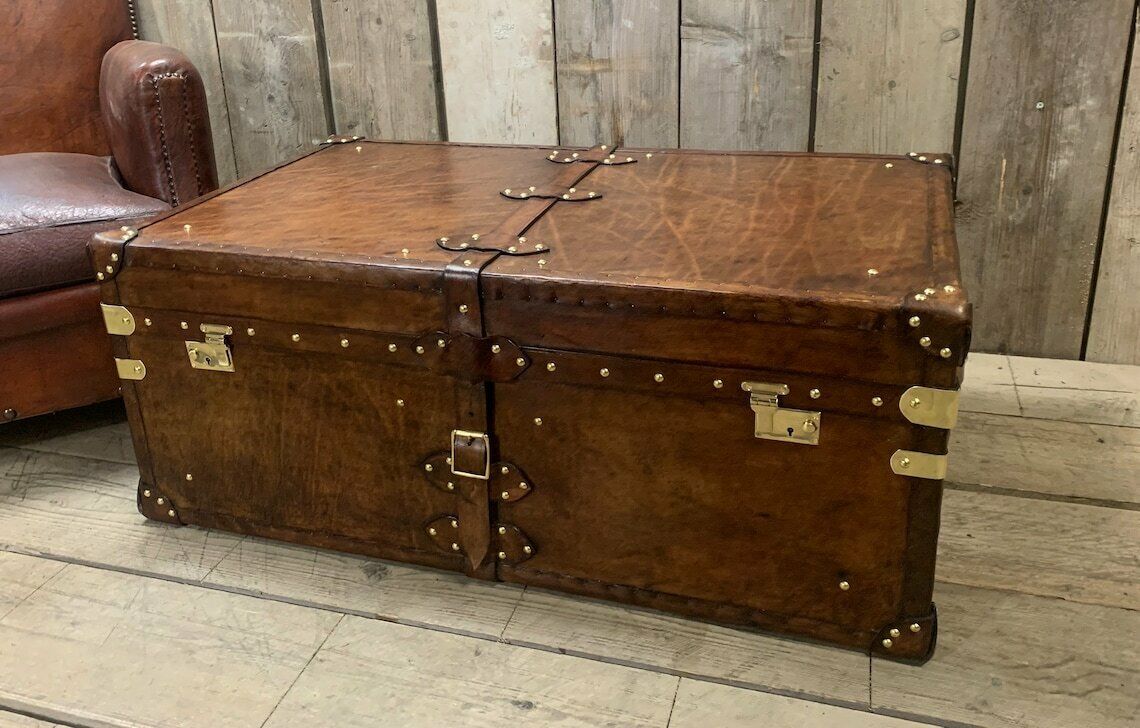 Room Decor Home Furnishings Large Leather Coffee Table Trunk photo vintage