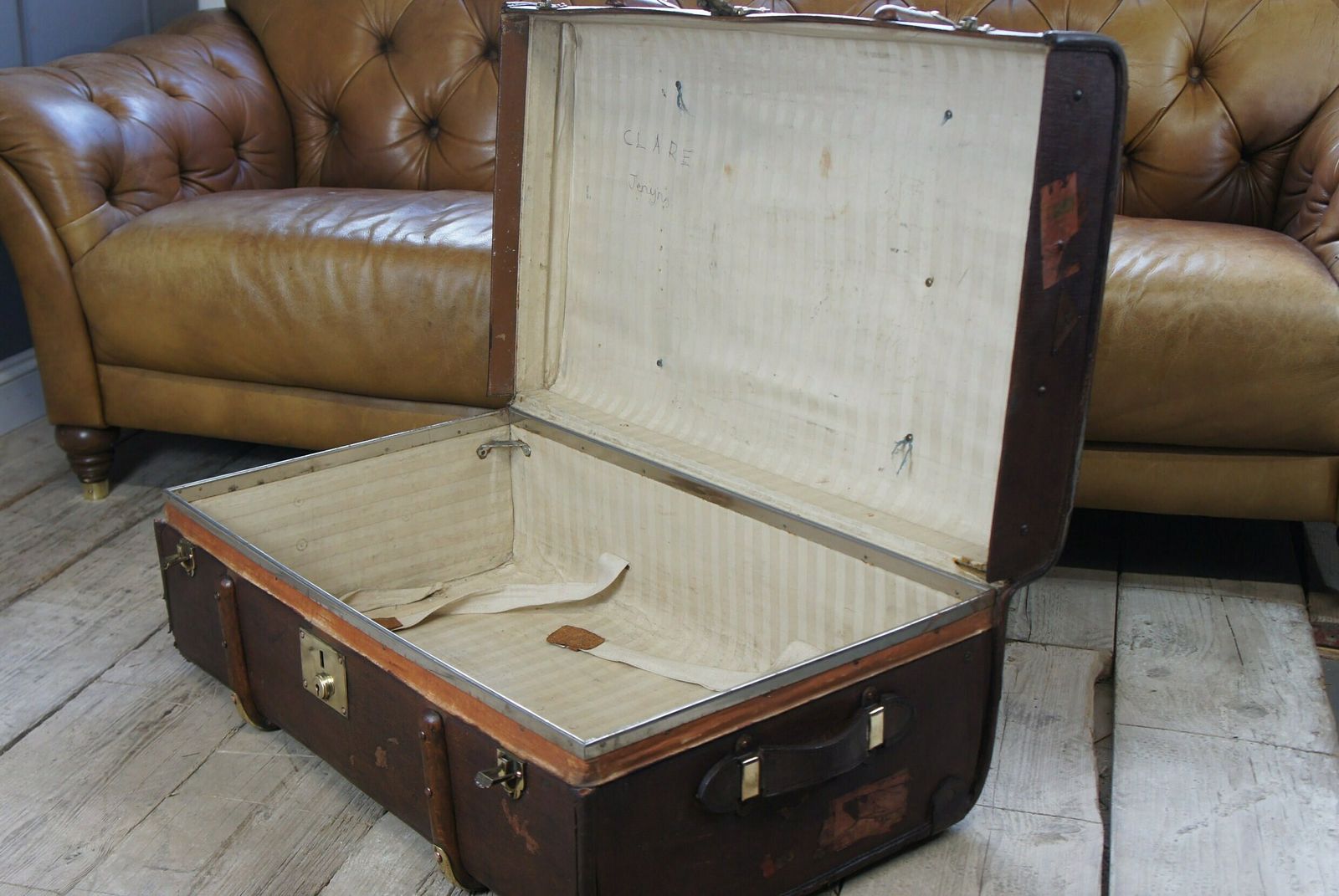 English Wood And Banded Travel Trunk photo vintage