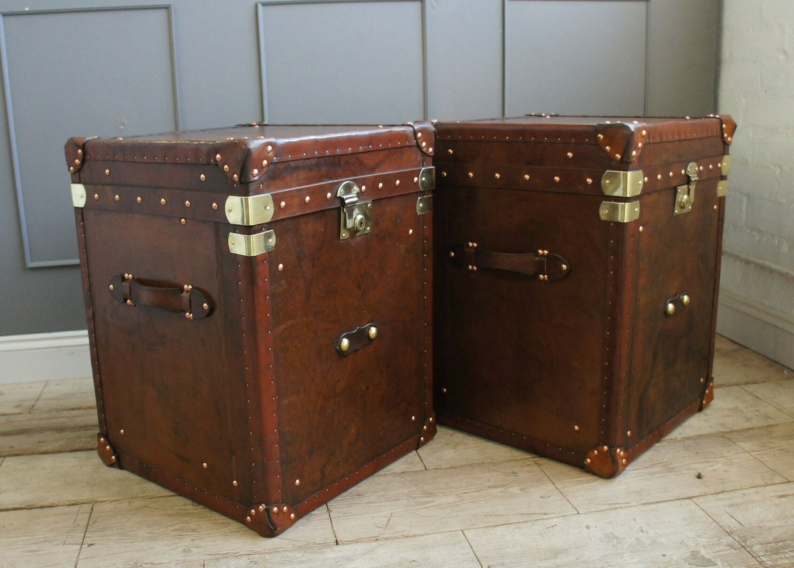 Original Antique English Leather Large Occasional Side Table Trunks photo vintage