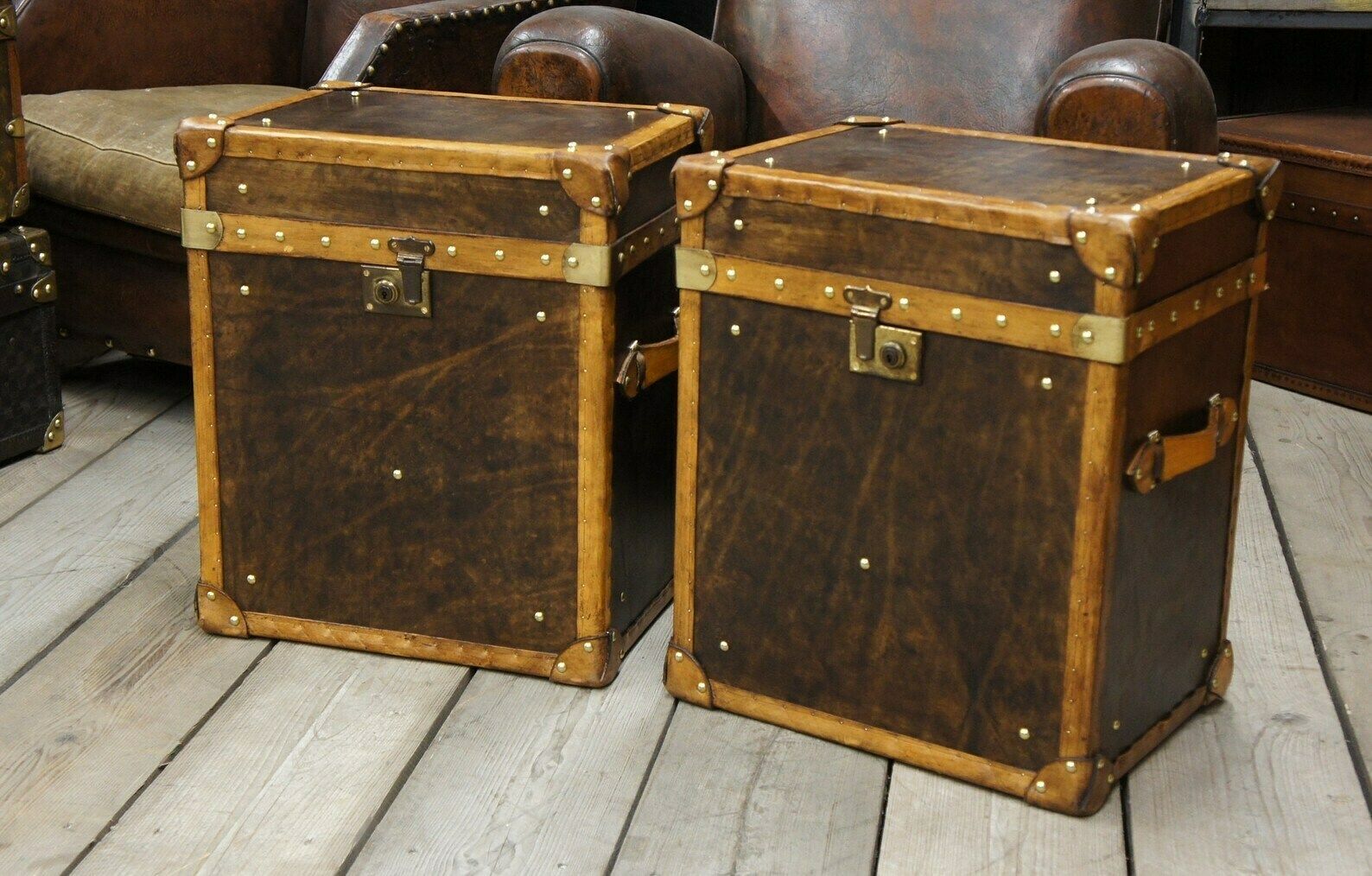 Dark Brown Tan Leather Trimmed Occasional Nightstands Vanities Trunks Chests Home Decor photo for sale