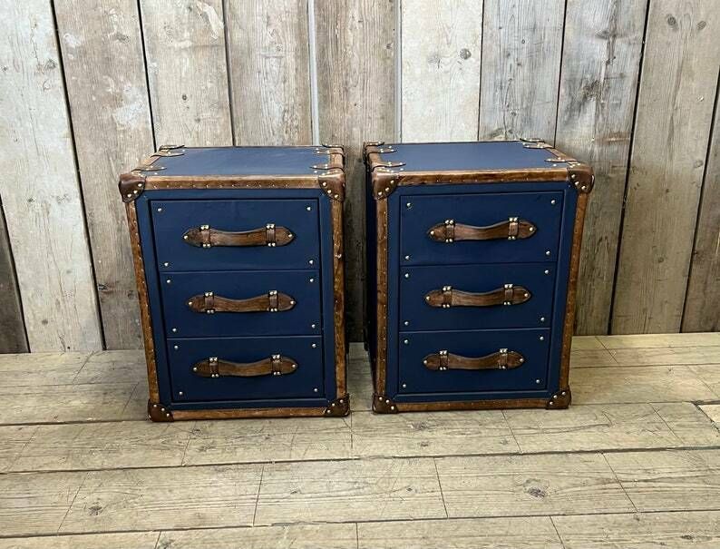 Luxury Pebble Blue Hand Dyed Trim Leather Nightstands Bedroom Furniture Chests photo for sale