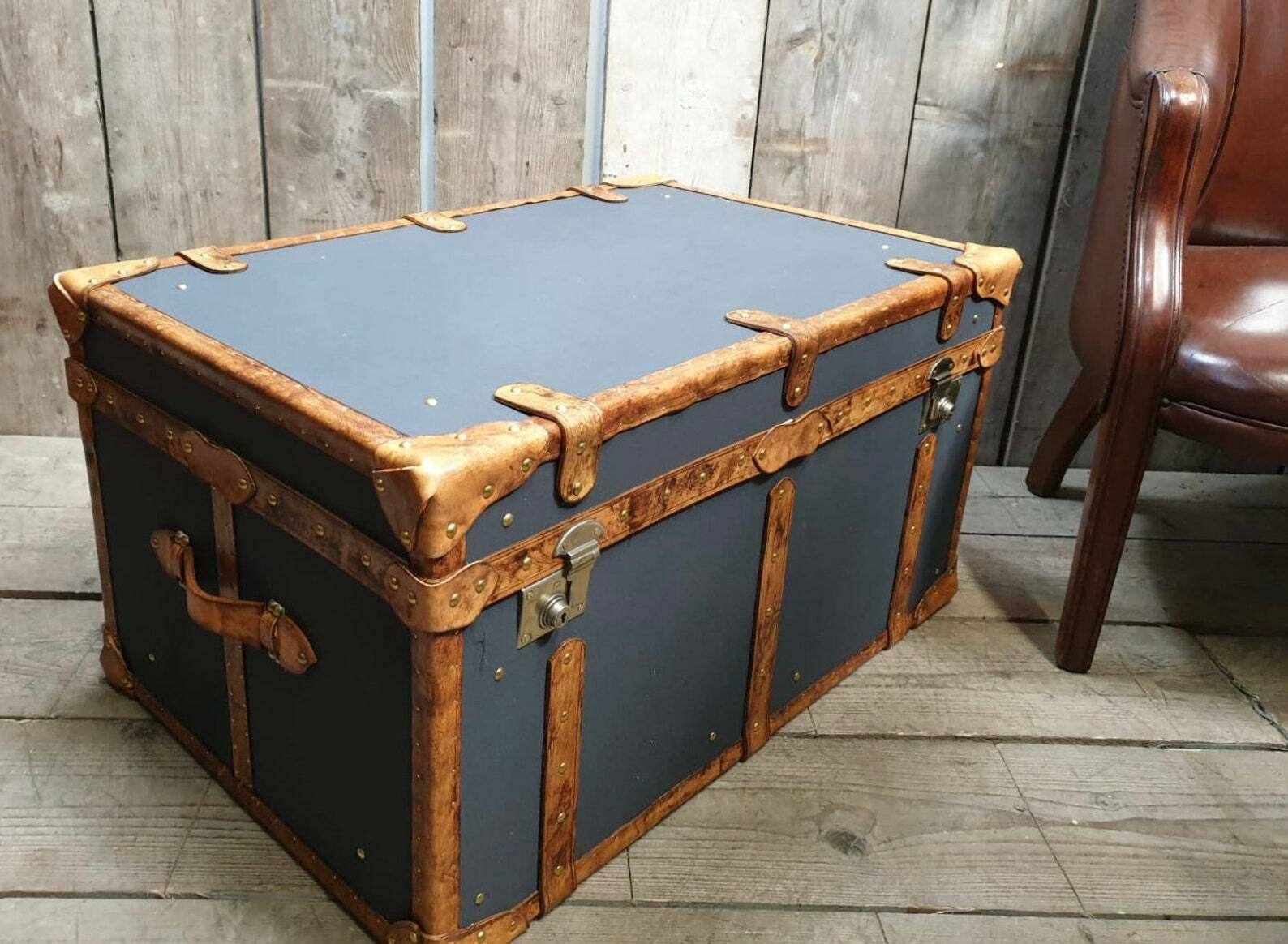 Charcoal Grey Millerain & Tan Leather Coffee Table End Table Home Decor Living Room photo for sale