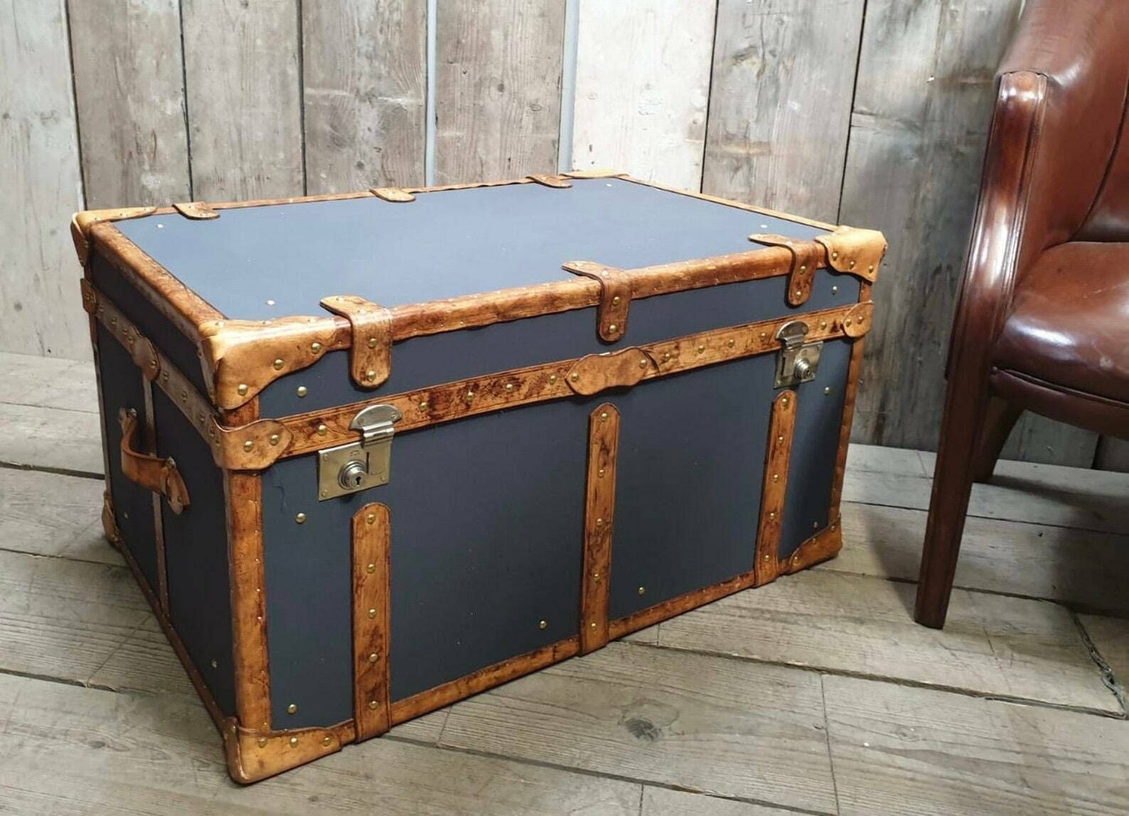 photo furniture Charcoal Grey Millerain & Tan Leather Coffee Table End Table Home Decor Living Room