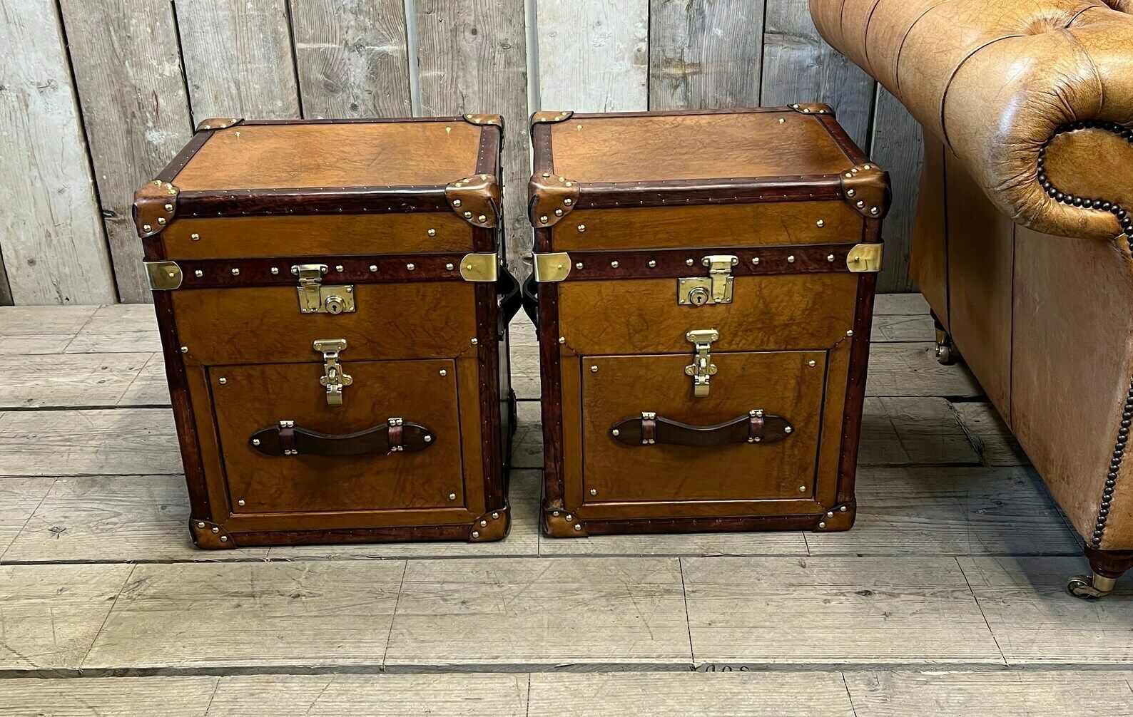 Pair Of Tan Leather Occasional Side Table Trunks Chests Home Decor Bedroom Furniture photo Furniture