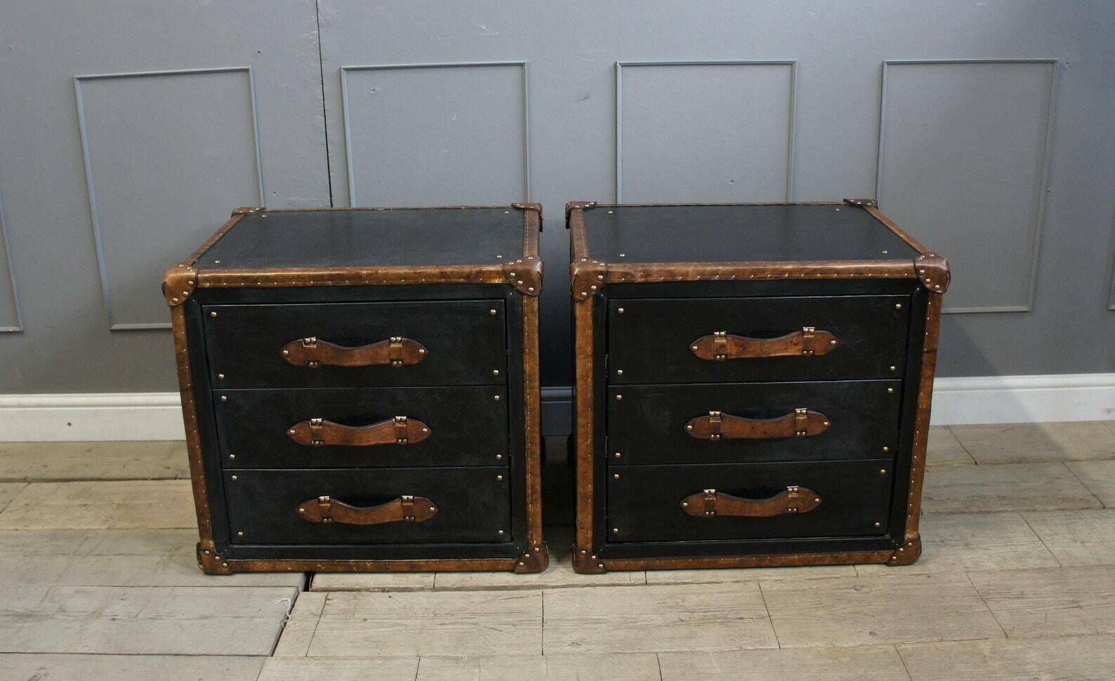 photo furniture Luxury Black Leather & Tan Leather Occasional Night Stands Bedroom Decor Interiors Furniture Home Furnishings Vanities