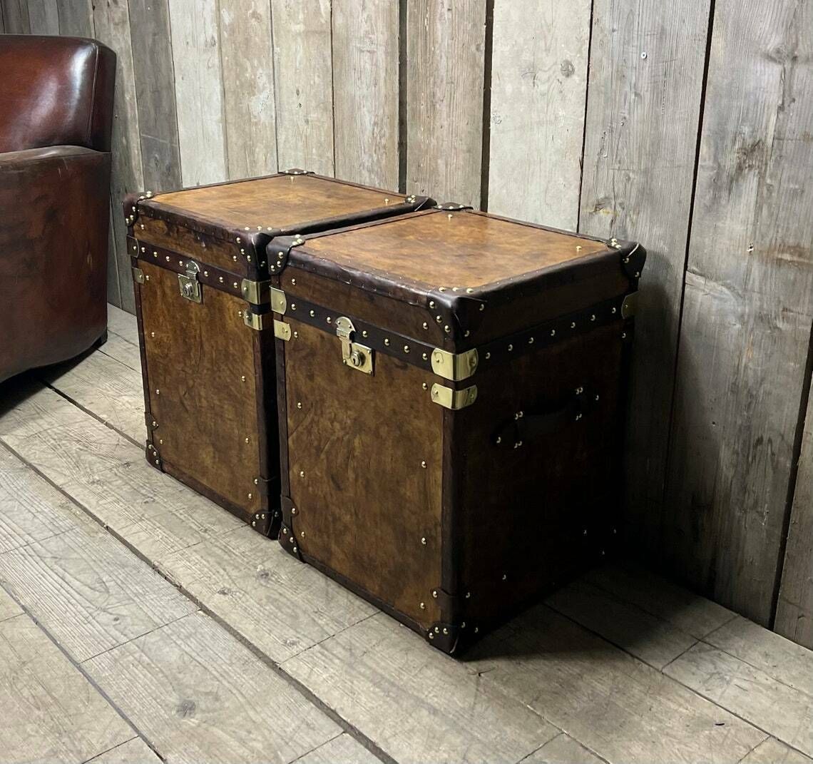 Hand Made Hand Dyed English Leather Traditional Travel Trunks Hone Decor End Tables photo Furniture