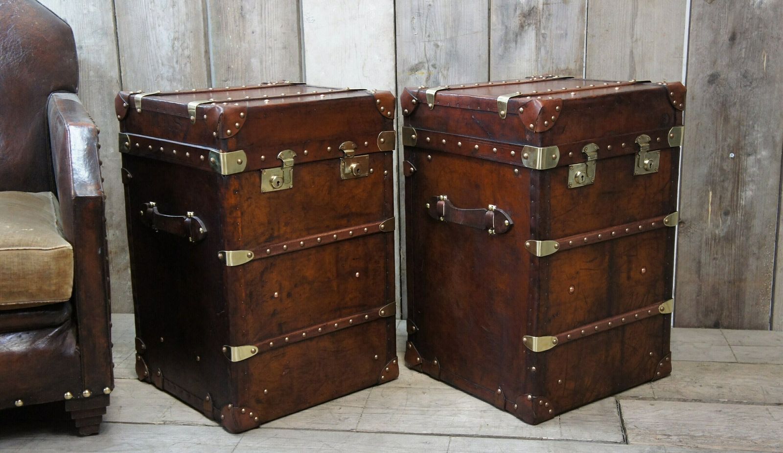 photo for sale Ski Lodge Antique Leather Console Tables Luxury Bespoke English Leather Crafted Nightstands End Tables Sublime Patina