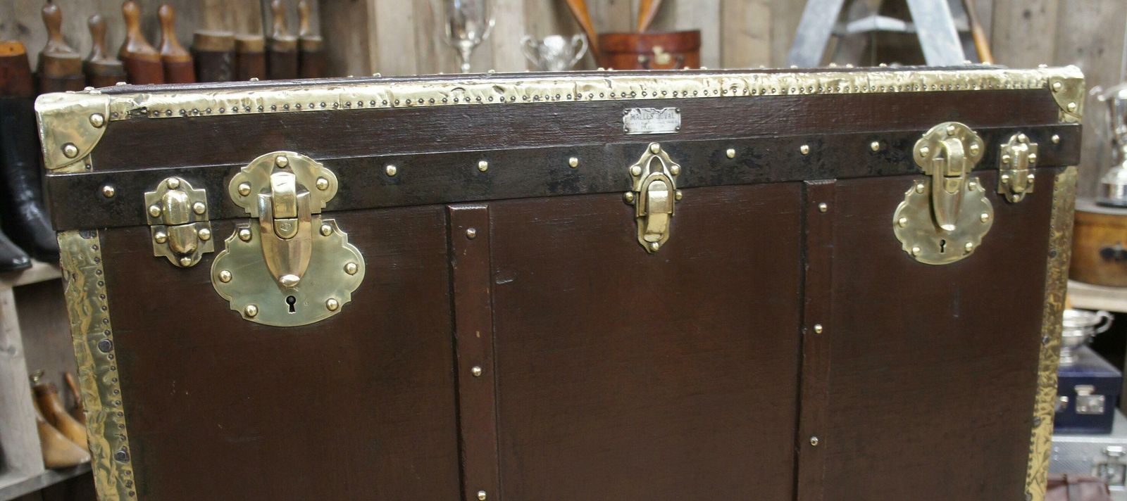 1920s Large Antique Garment Gown Trunk Brass Bound Reception Furniture photo vinterior