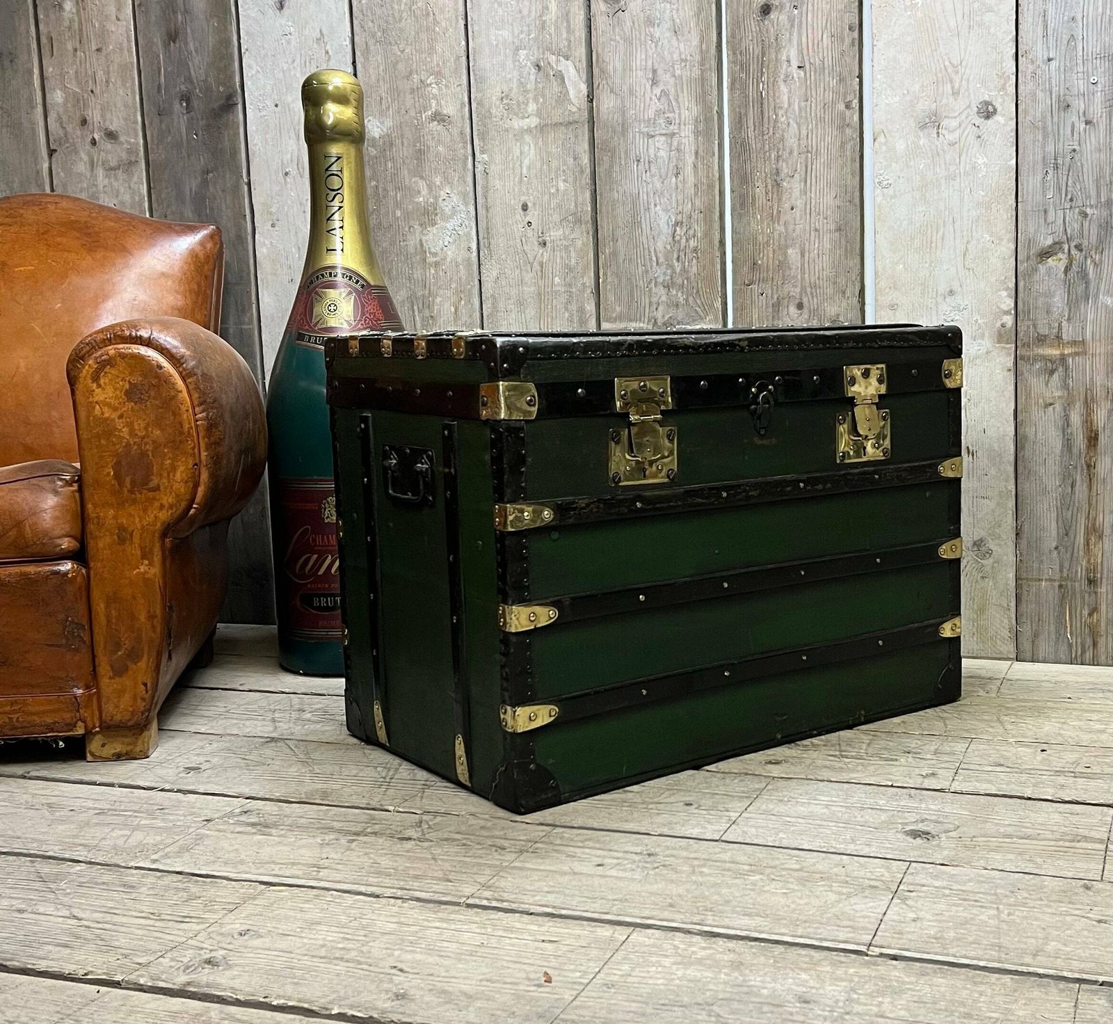 Antique Green French Steamer Trunk Bed End Blanket Box Coffee Table Home Decor photo for sale