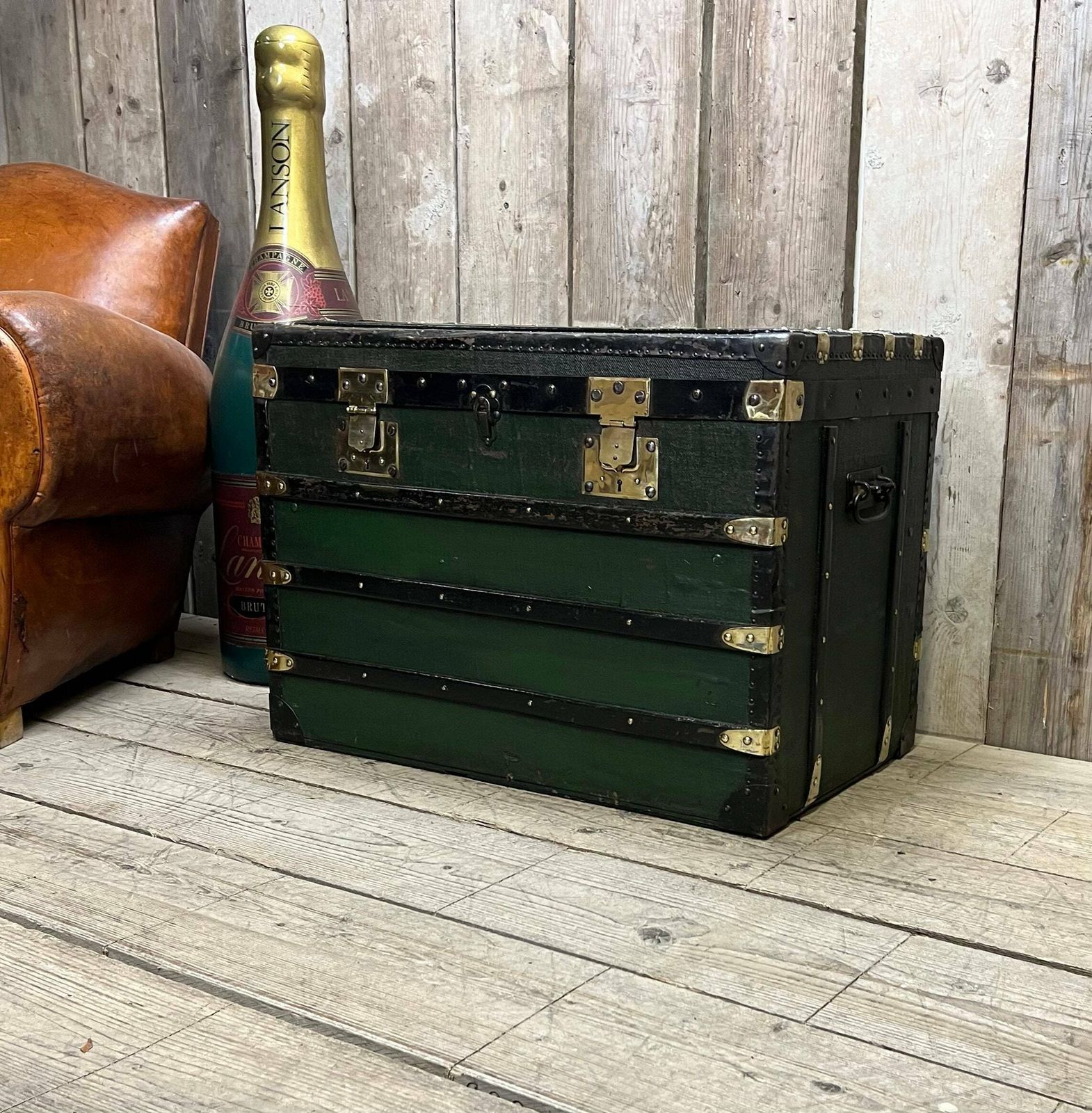 Antique Green French Steamer Trunk Bed End Blanket Box Coffee Table Home Decor photo 1375.0