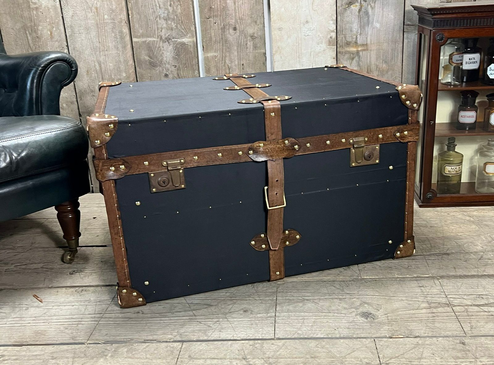 Black Millerain & Leather Trimmed English Handmade Coffee Table Trunk Storage Interior Design Luggage photo 1030.0