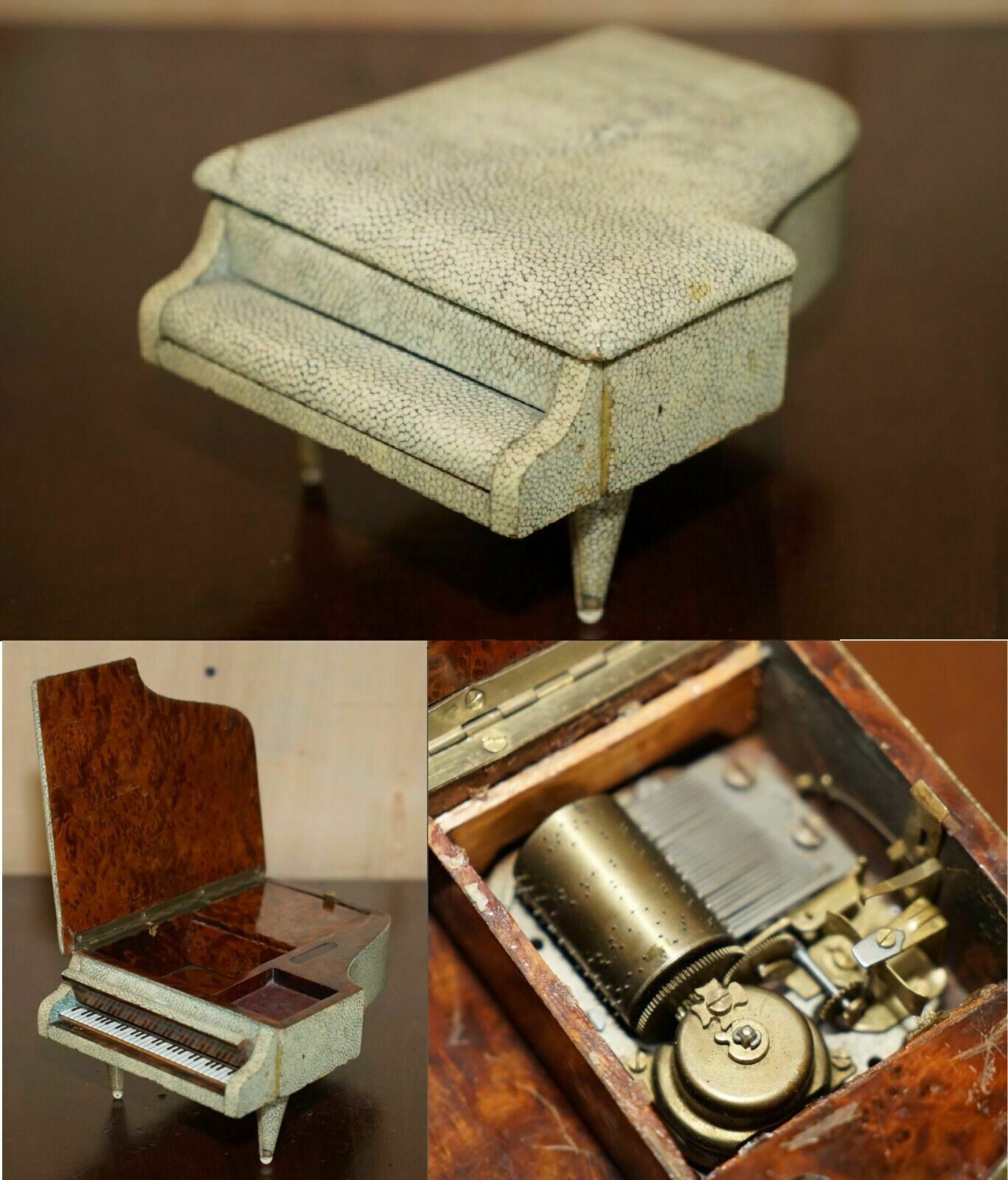 Super Rare Antique Shagreen (Shark Skin) Burr Walnut Musical Jewellery Piano Box