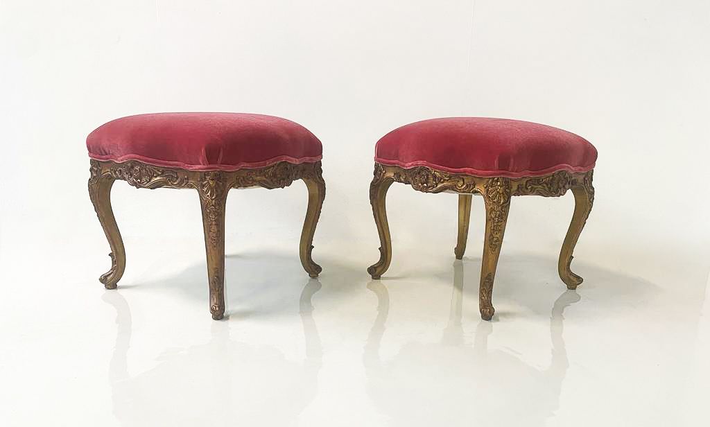 Contemporary Pair Of Stools Louis XV Style, Red Velvet, Belgium