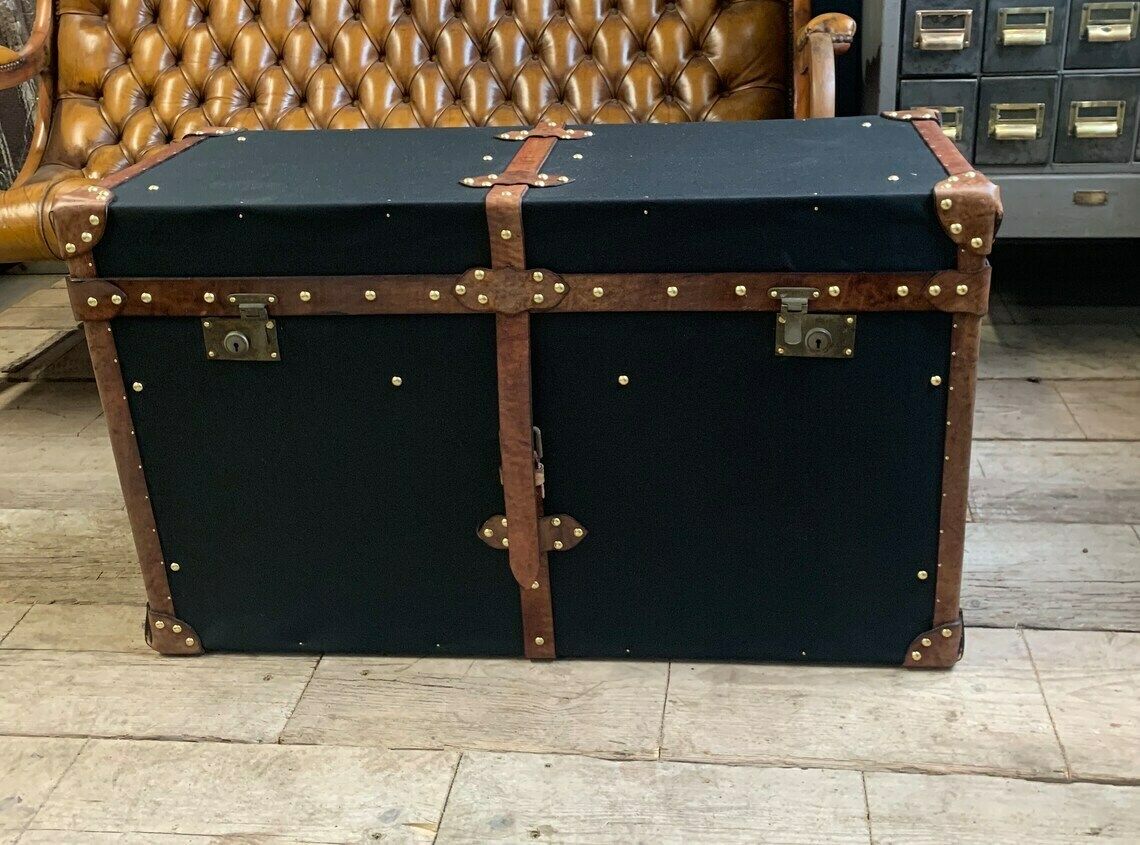 English Black Millerain Canvas & Tan Leather Coffee Table Trunk photo buy