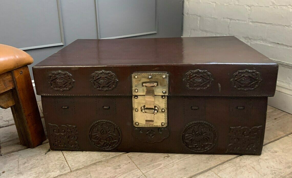 Antique Oriental Red Burgundy Thick Leather Travel Trunk Home Interiors photo Furniture