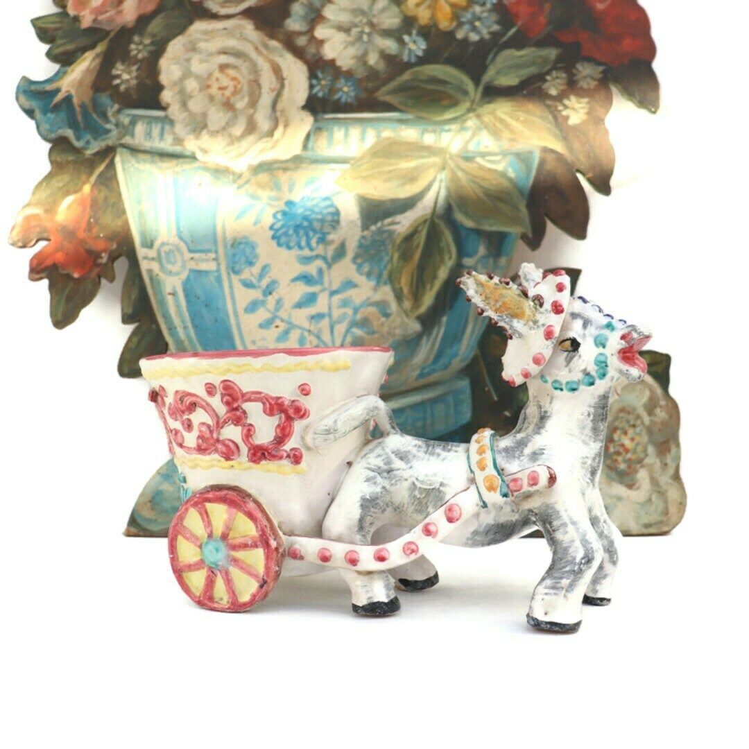 Large Mid Century Italian Pottery Donkey And Cart Planter By Fratelli Fanciullacci, Retro Italian Pottery Planter photo furniture