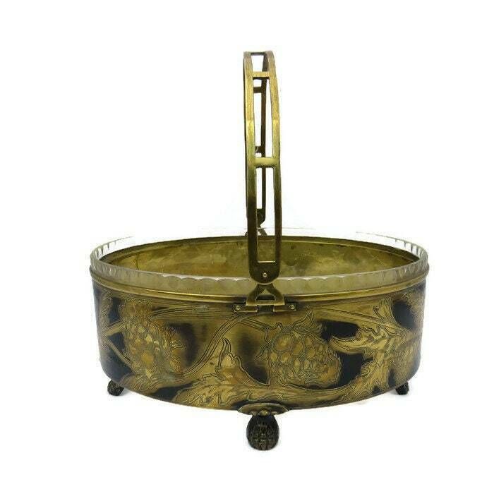 Antique Brass And Cut Glass Bridal Basket  Centrepiece With Engraved Artichokes. photo furniture
