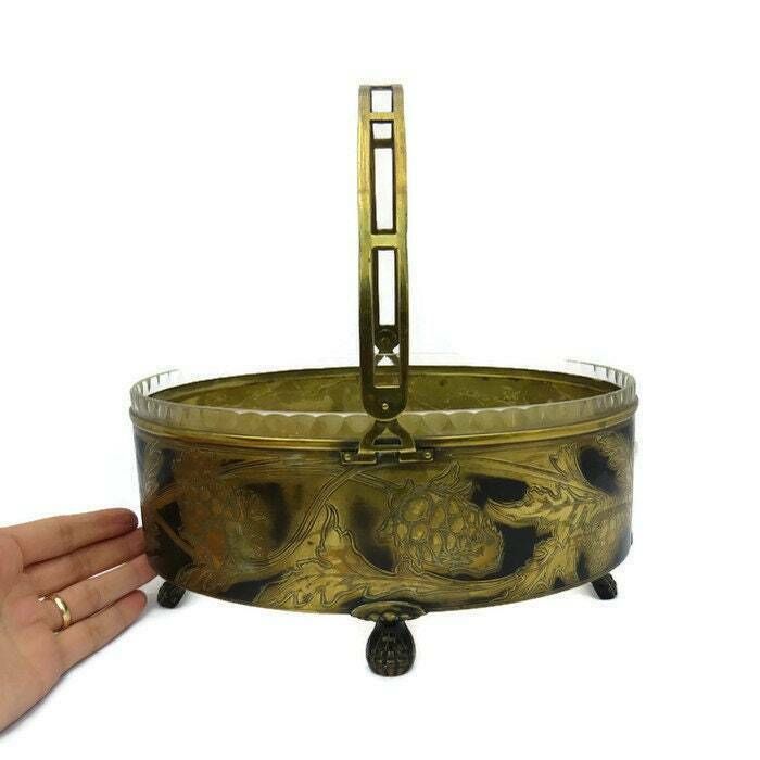 Antique Brass And Cut Glass Bridal Basket  Centrepiece With Engraved Artichokes. photo Home Decor