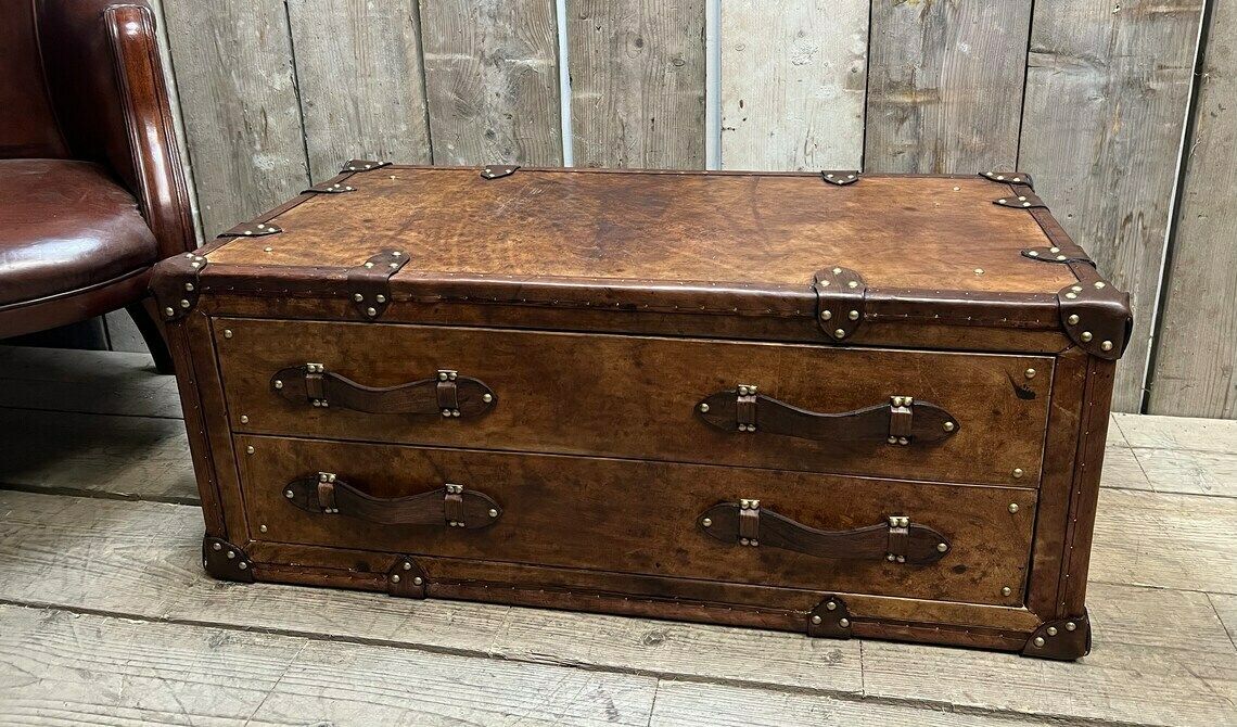 Leather Console 2 Draw English Handmade Coffee Table Room Decor Hand Dyed Bridle Leather Luxury Homes Inspired Travel photo buy
