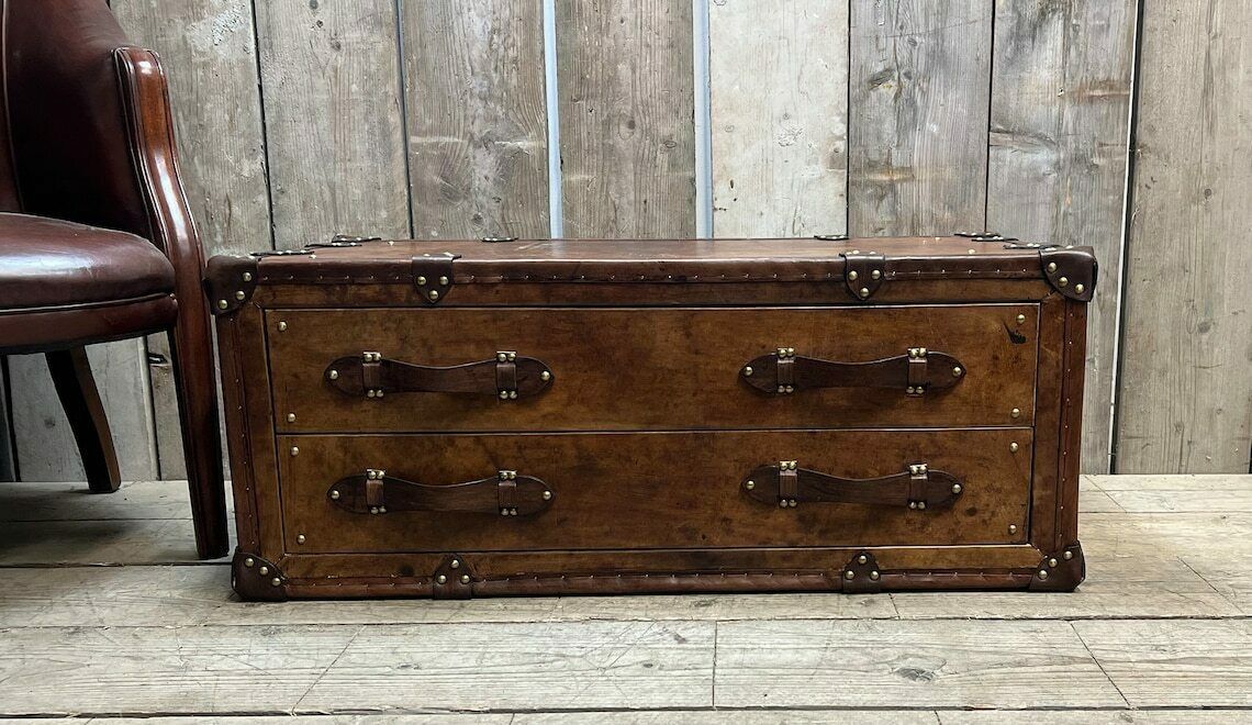Leather Console 2 Draw English Handmade Coffee Table Room Decor Hand Dyed Bridle Leather Luxury Homes Inspired Travel photo vintage