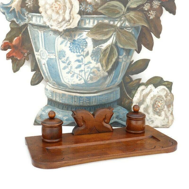 Antique Art Deco Wooden Carved Horses Inkwell Office Decor Art Deco Gift For Office photo furniture