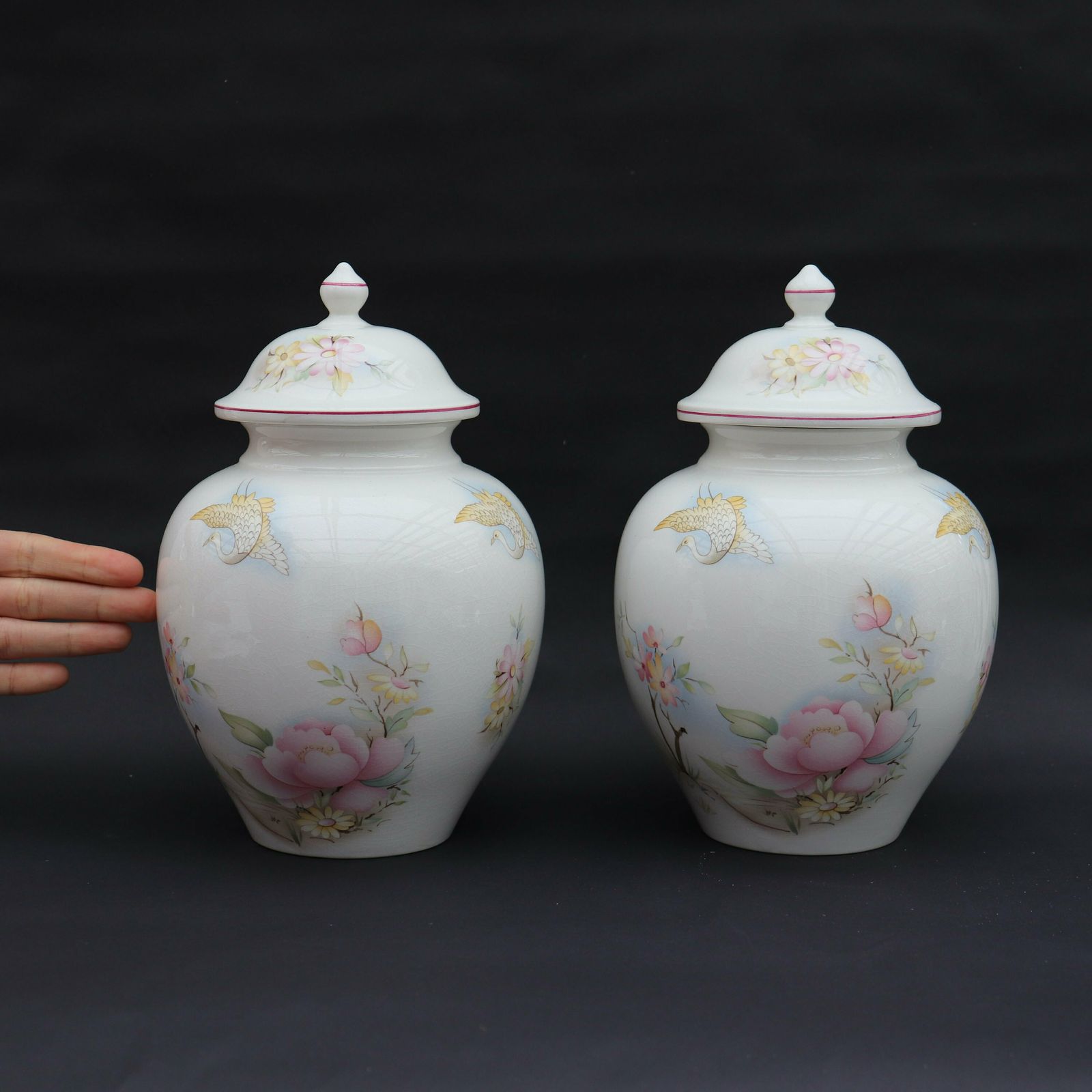 Large James Kent Old Foley Ceramic Ginger Jars Pair With Fenix Birds And Floral Pattern , 50's Lidded Vases Jars Pair 10.5'' High