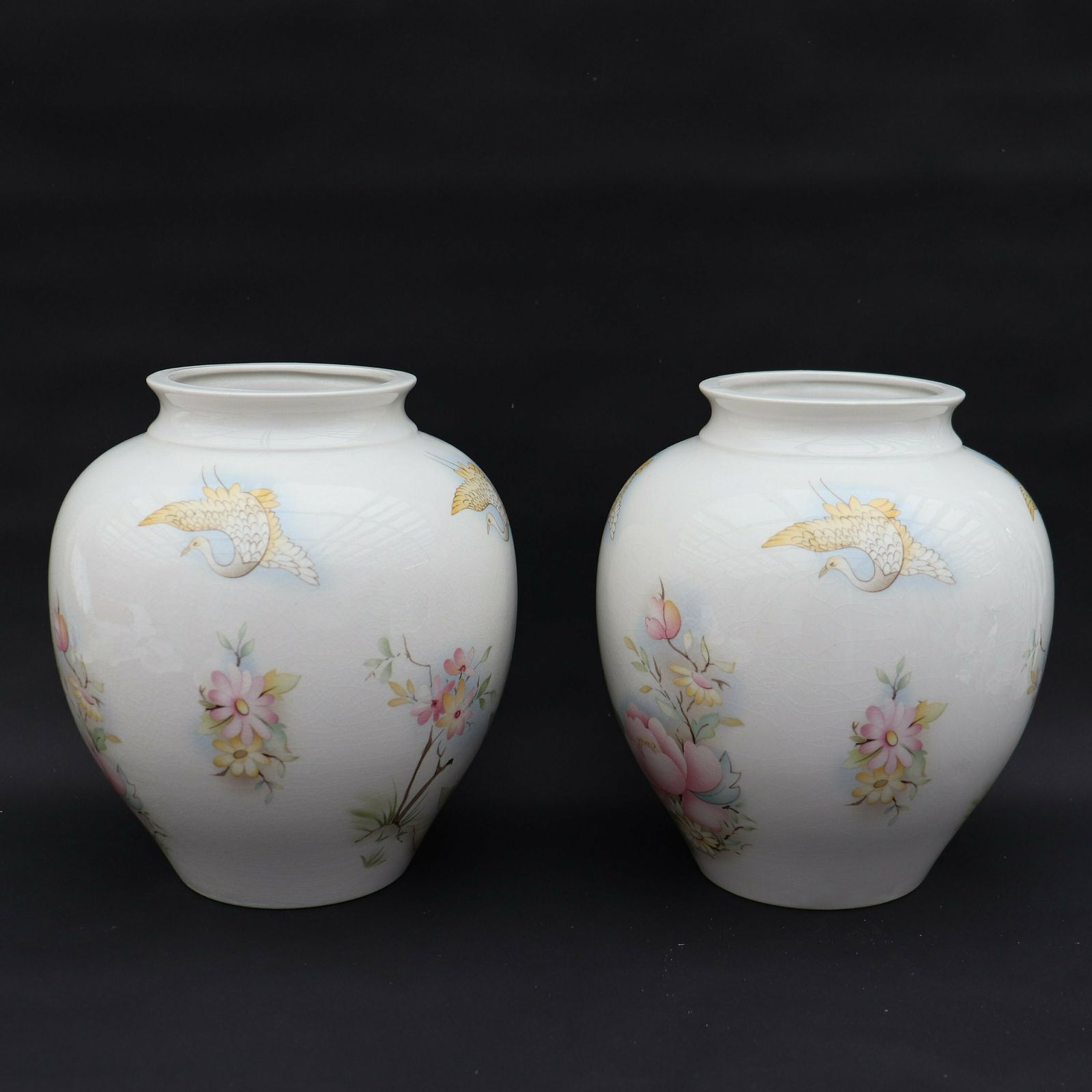 Large James Kent Old Foley Ceramic Ginger Jars Pair With Fenix Birds And Floral Pattern , 50's Lidded Vases Jars Pair 10.5'' High photo 120.0