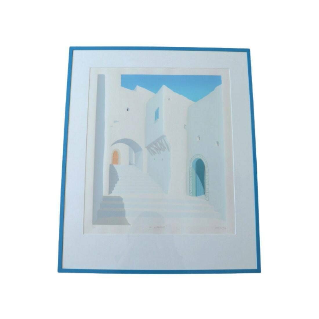 Large Blue Metal Framed Lithograph La Kasbah Indistinctly Signed .Mediterranean Wall Art photo for sale