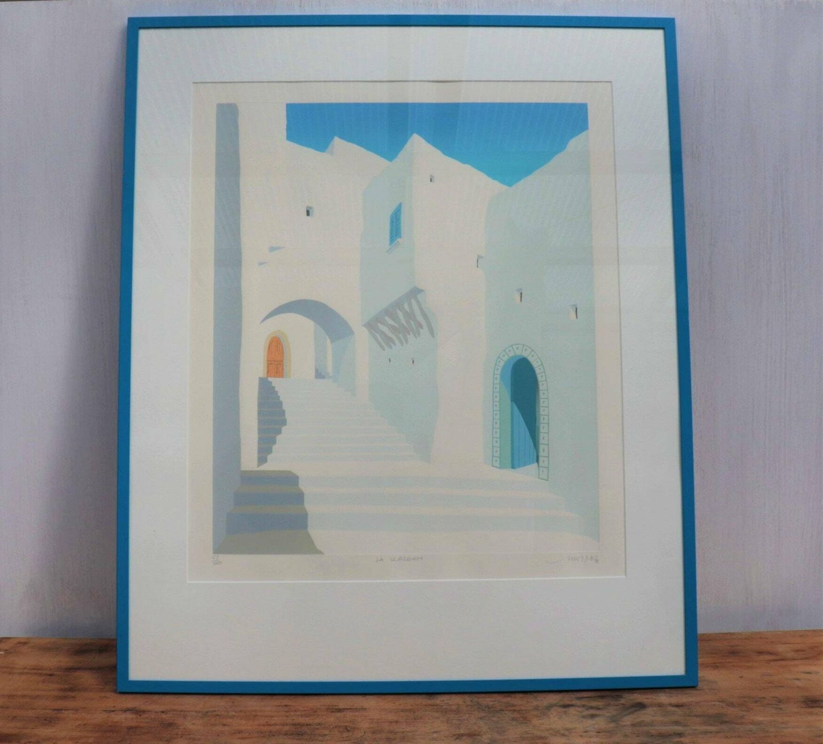 Large Blue Metal Framed Lithograph La Kasbah Indistinctly Signed .Mediterranean Wall Art photo 120.0