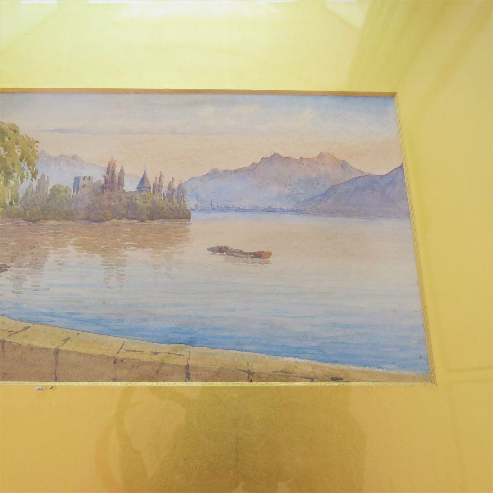Antique Golden Framed Gouache Lake Landscape C Late 1800's. photo Art