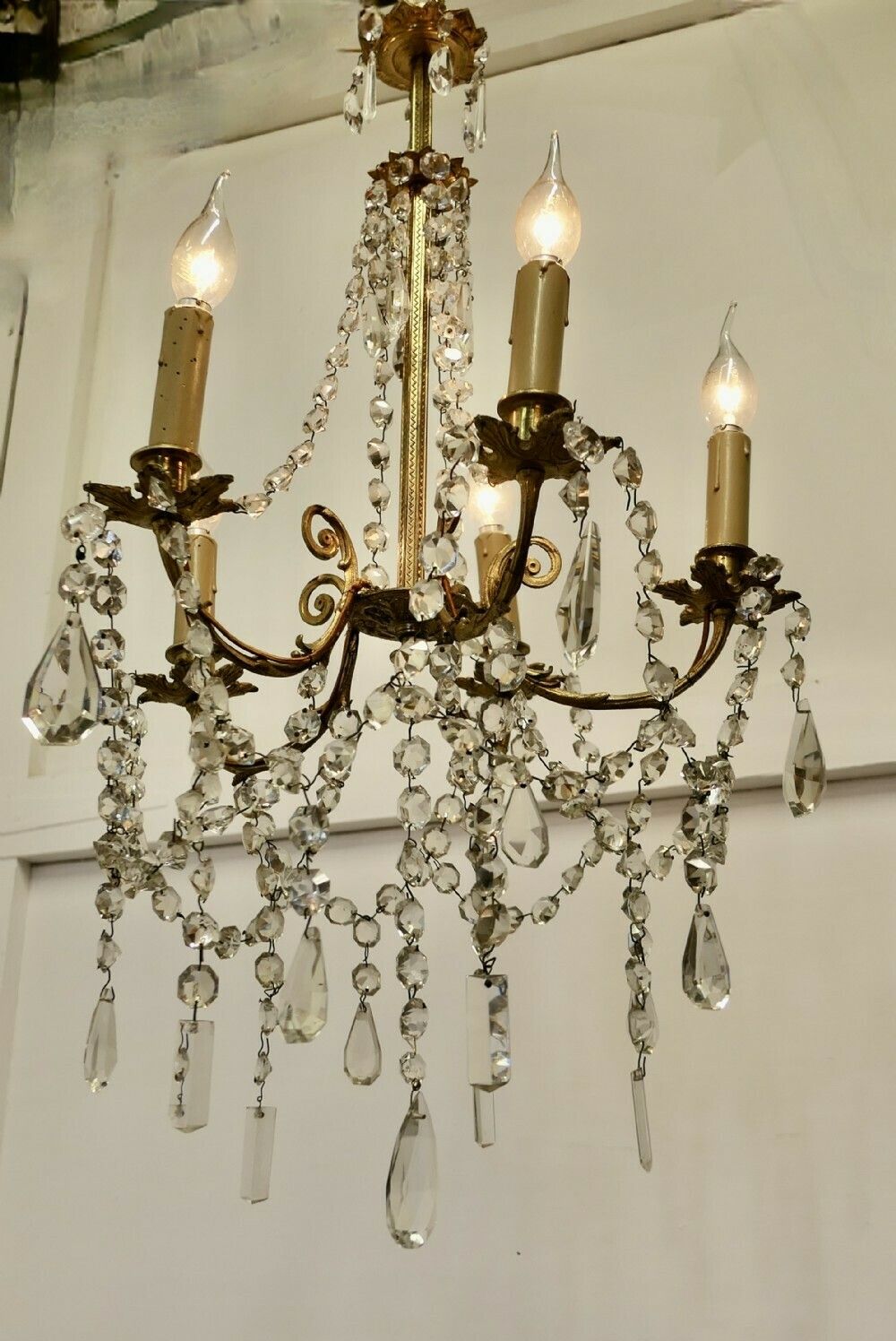 Large French Crystal And Brass 5 Branch Chandelier photo for sale