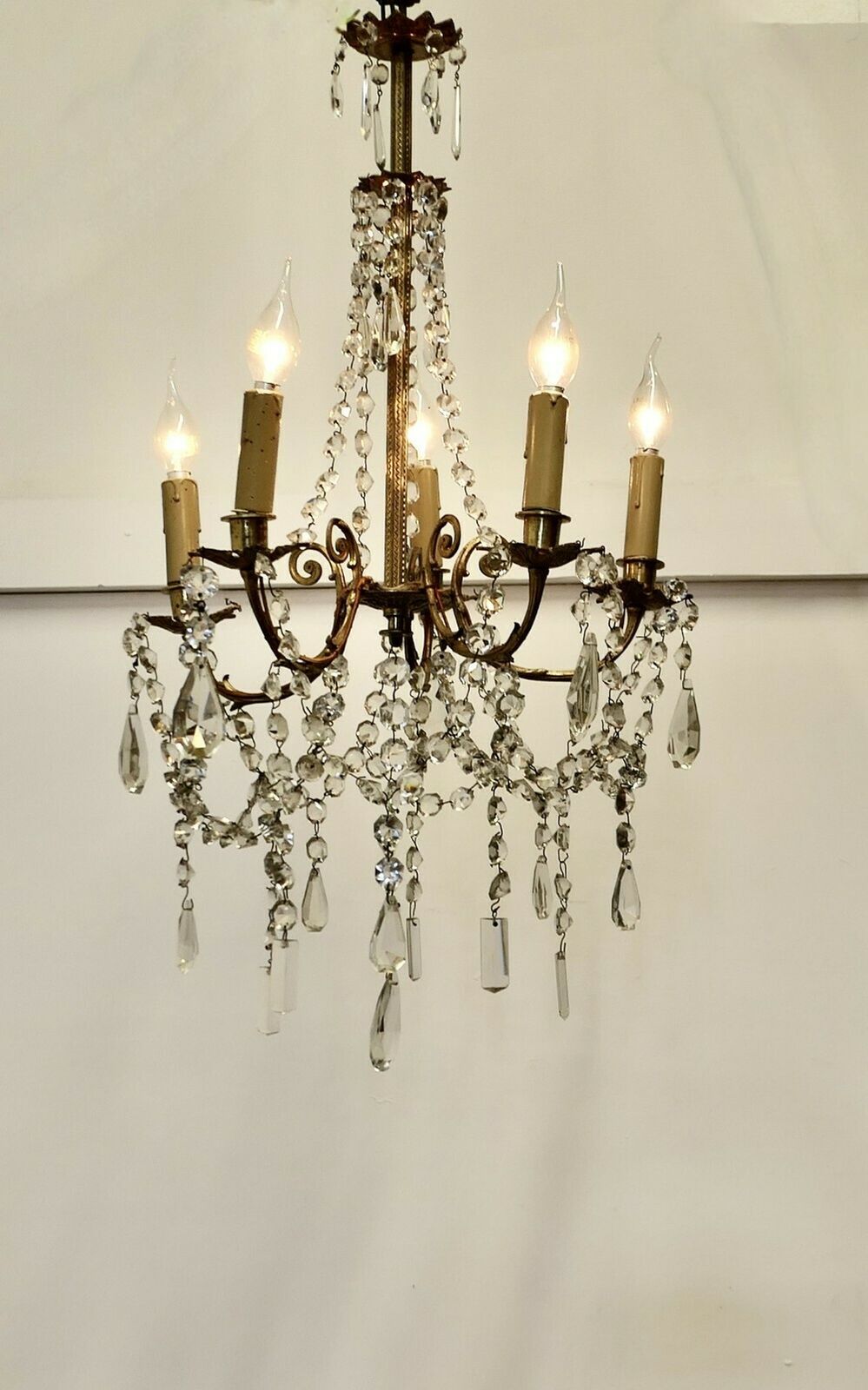Large French Crystal And Brass 5 Branch Chandelier photo Lighting