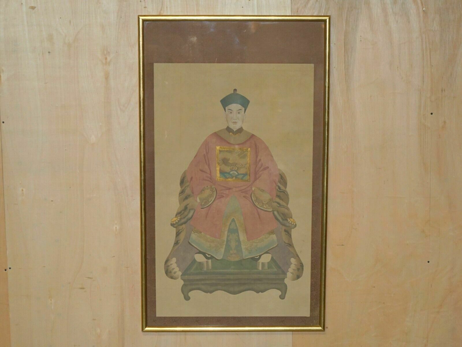 photo vinterior Large Pair Of 133x78cm Antique Chinese Ancestral Portraits With Gold Borders