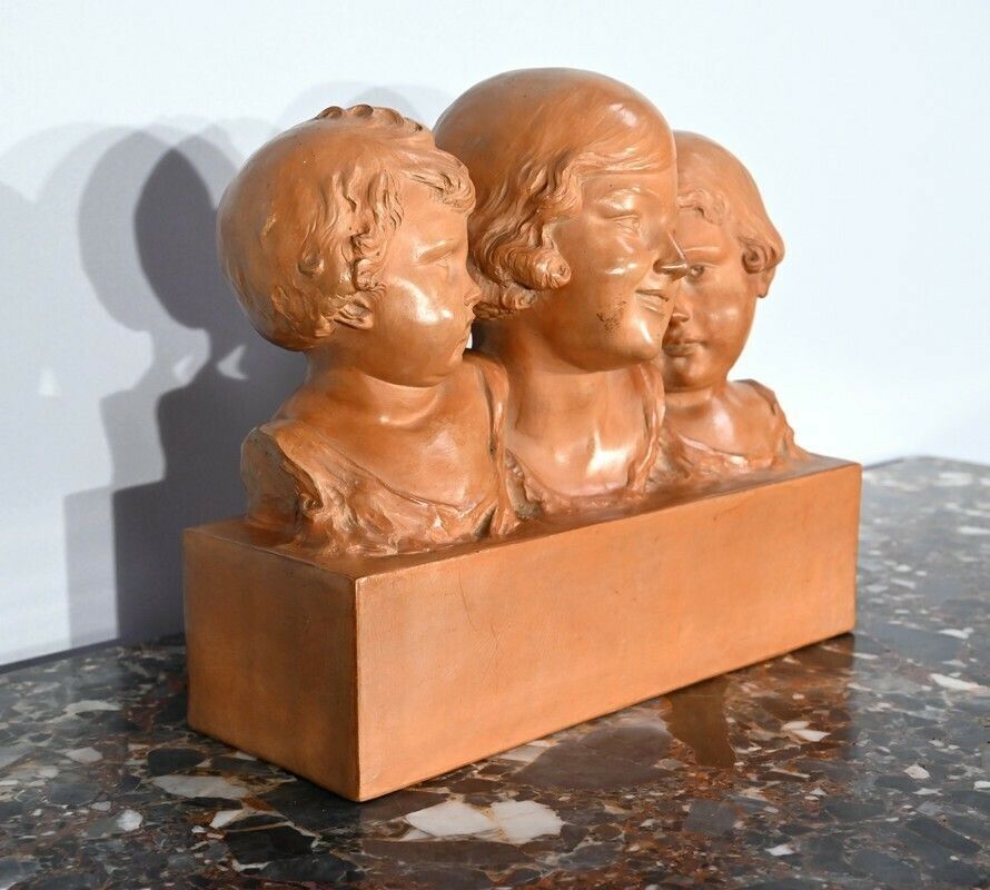 Group In Patinated Terracotta, “Mother And Her Children”, Signed P. Dumont, Art Deco – 1920 photo furniture