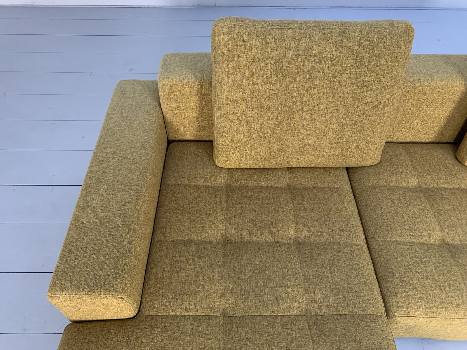 photo furniture Zanotta “Alfa 1326” L  Shape Sofa & Ottoman – In Mustard Yellow Linen & Black Leather