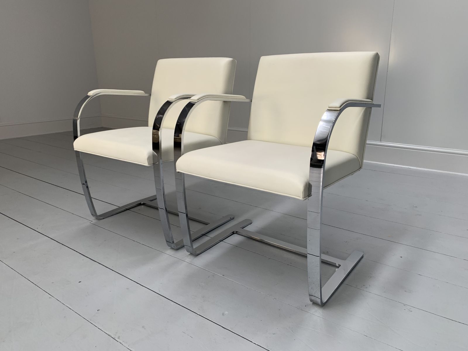 Pair Of Knoll Studio “Brno Flat Bar” Armchairs – In Chrome & White Leather
