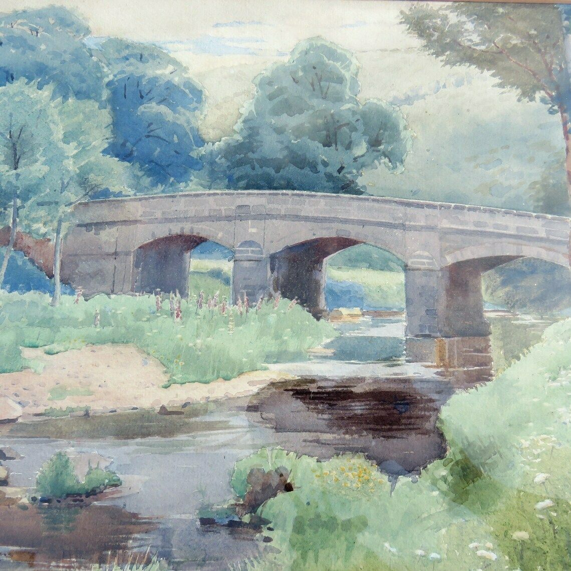 Framed Original Lanscape Bridge River Watercolour Painting Signed Cooke C 1920's photo Art