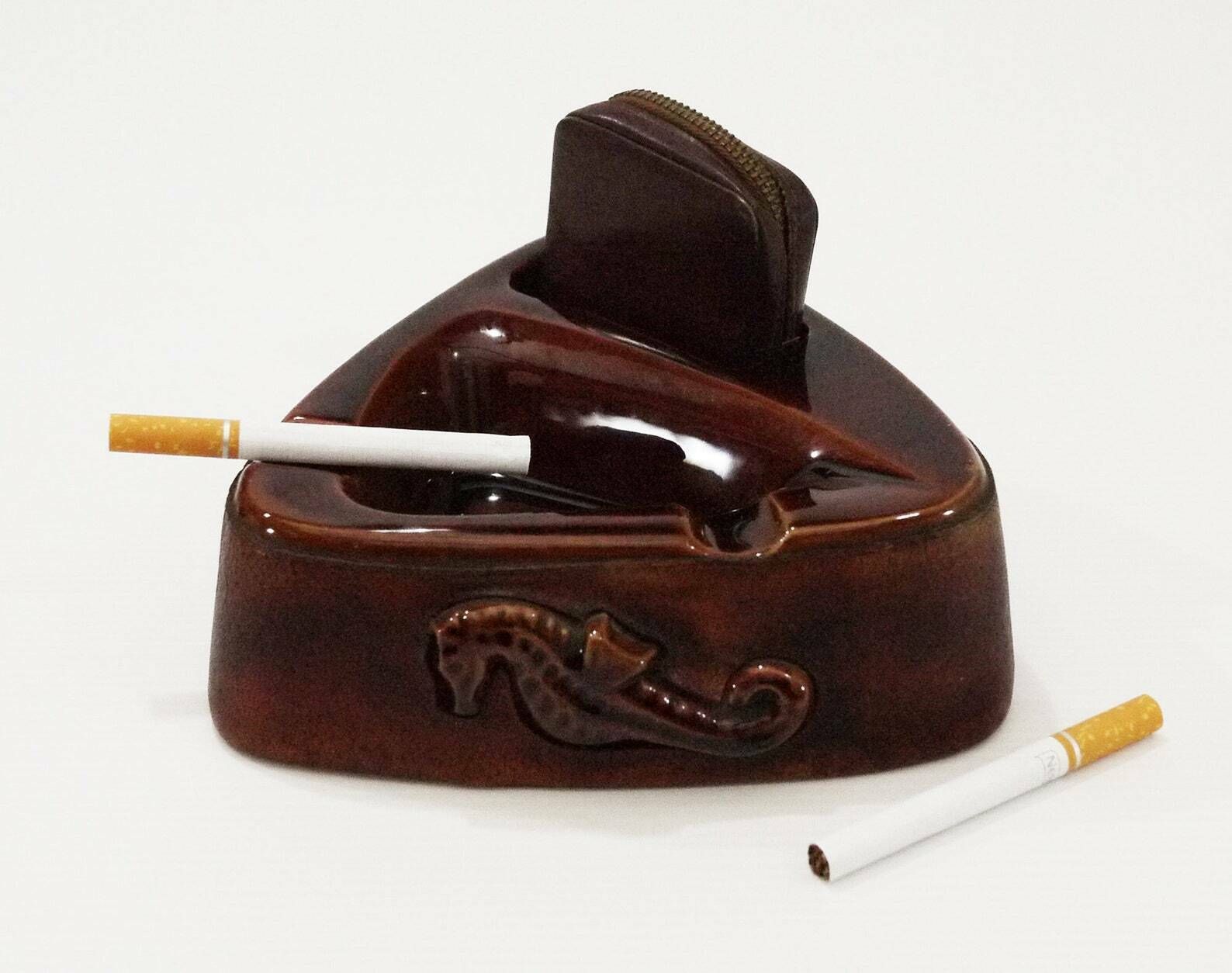 Antique French Ceramic Ashtray With Leather Case photo for sale