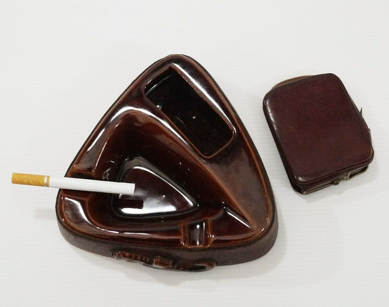 photo for sale Antique French Ceramic Ashtray With Leather Case