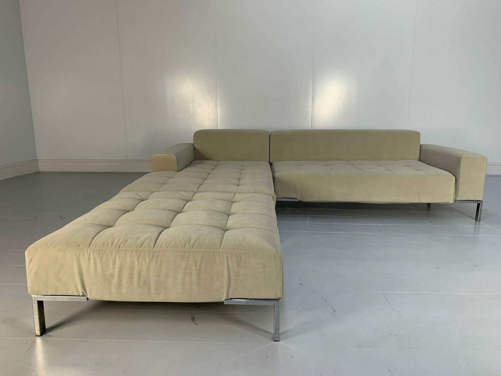 photo for sale Zanotta “Alfa 1326” L Shape Sofa & Ottoman  In Pale Grey Velvet