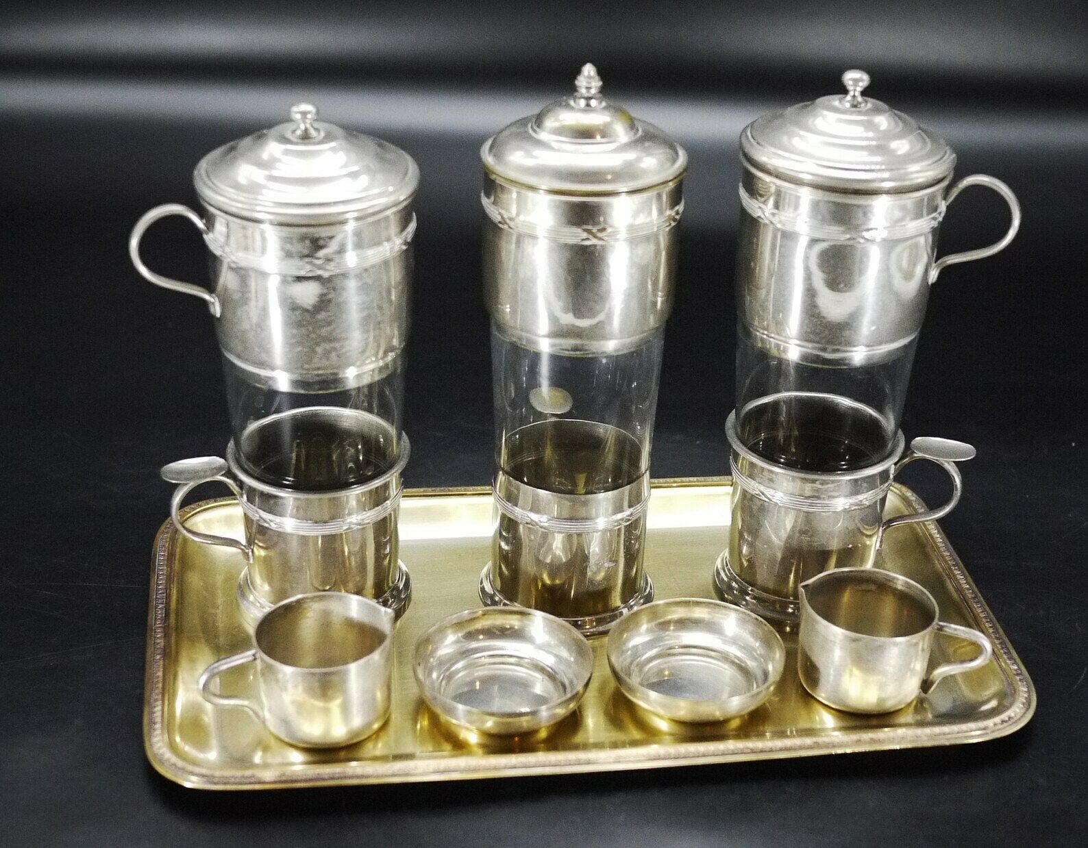 French Silver Plate Coffee Cups Filter Set With Tray, S/8 photo furniture