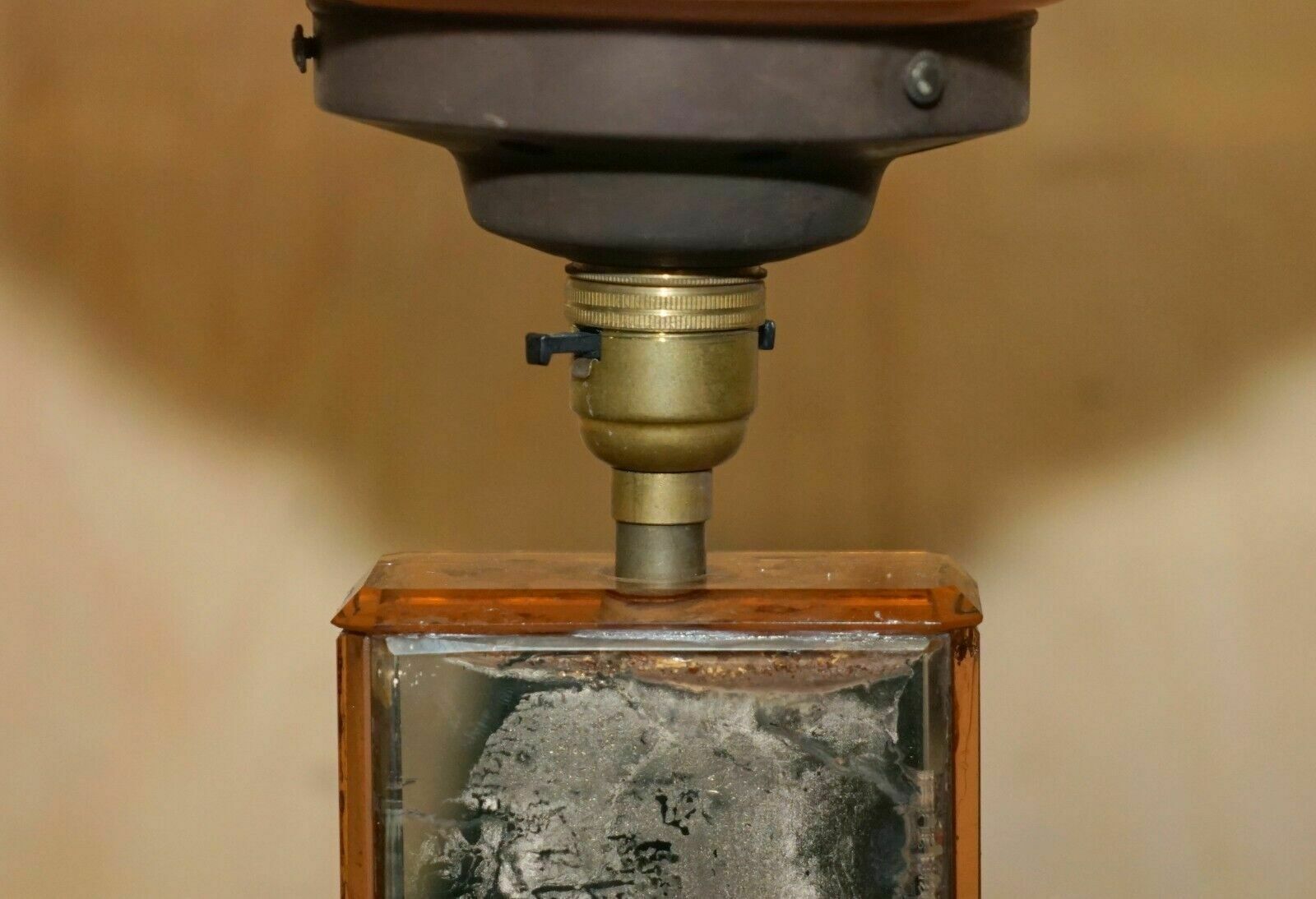 Stunning Art Deco Circa 1930's Peach Glass Table Lamp With Mirrored Panels photo vintage