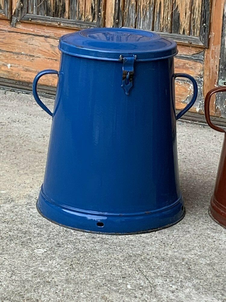 Blue Enamel Bin, 1950s, Vintage photo for sale