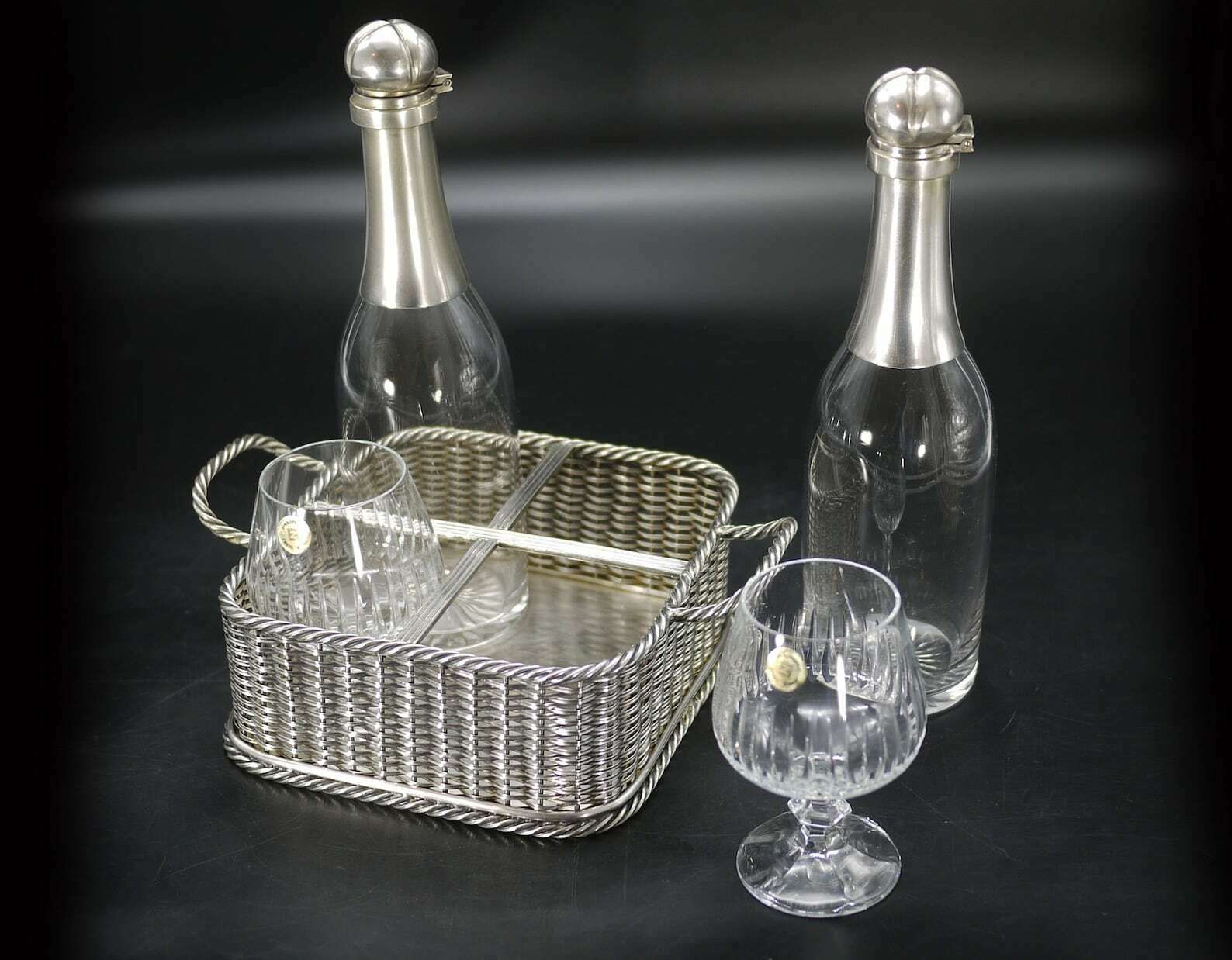 Victorian Silver Plated Decanter Set In Basket With Glasses photo for sale